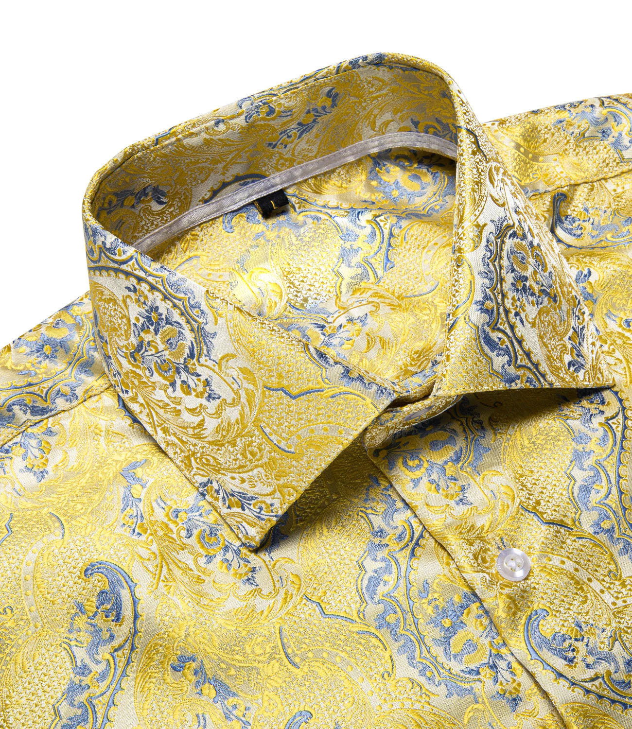 Yellow Light Blue Floral Pattern Silk Men's Long Sleeve Shirt