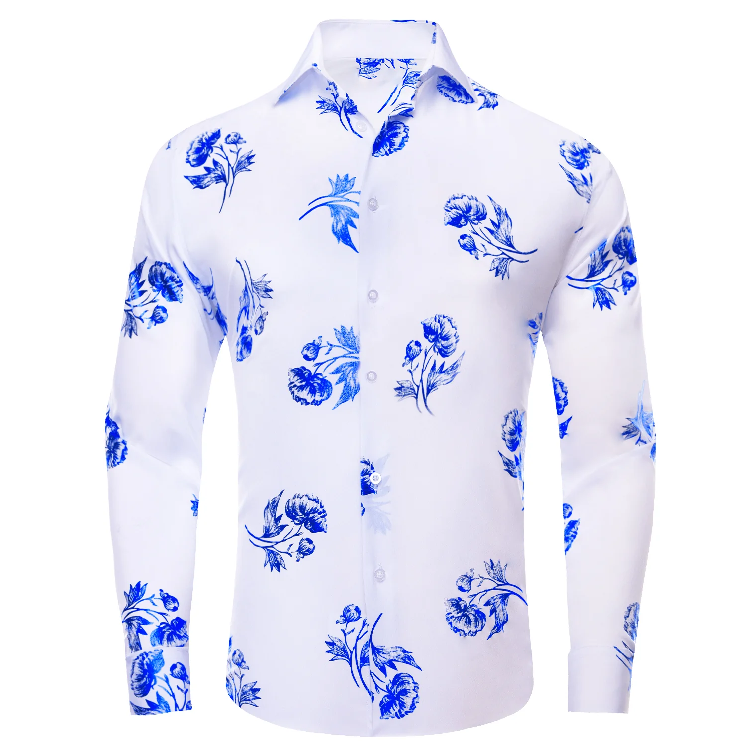 White Blue Floral Pattern Silk Men's Long Sleeve Shirt