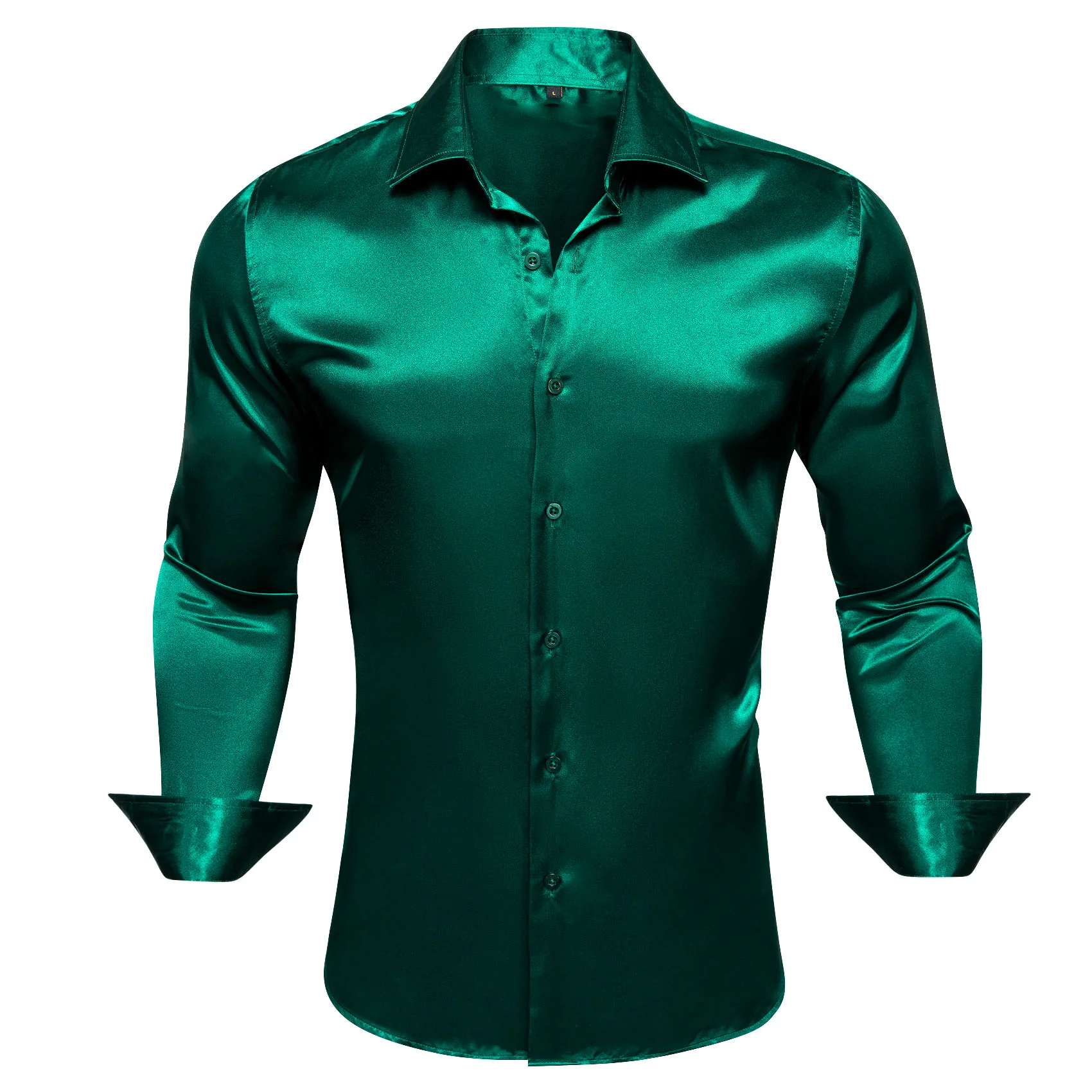Dark Green Solid Silk Men's Long Sleeve Shirt
