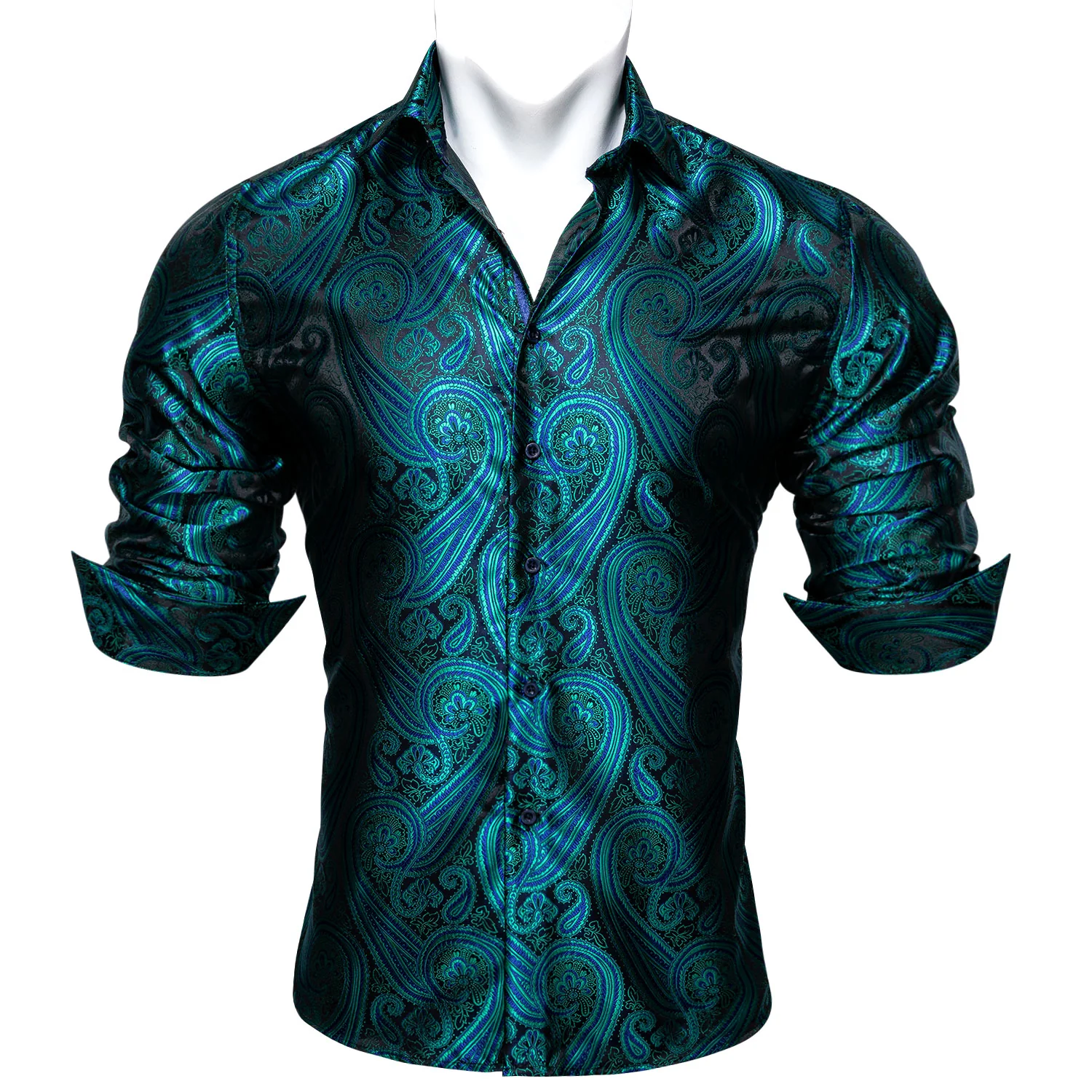 New Green Black Paisley Style Silk Men's Long Sleeve Shirt