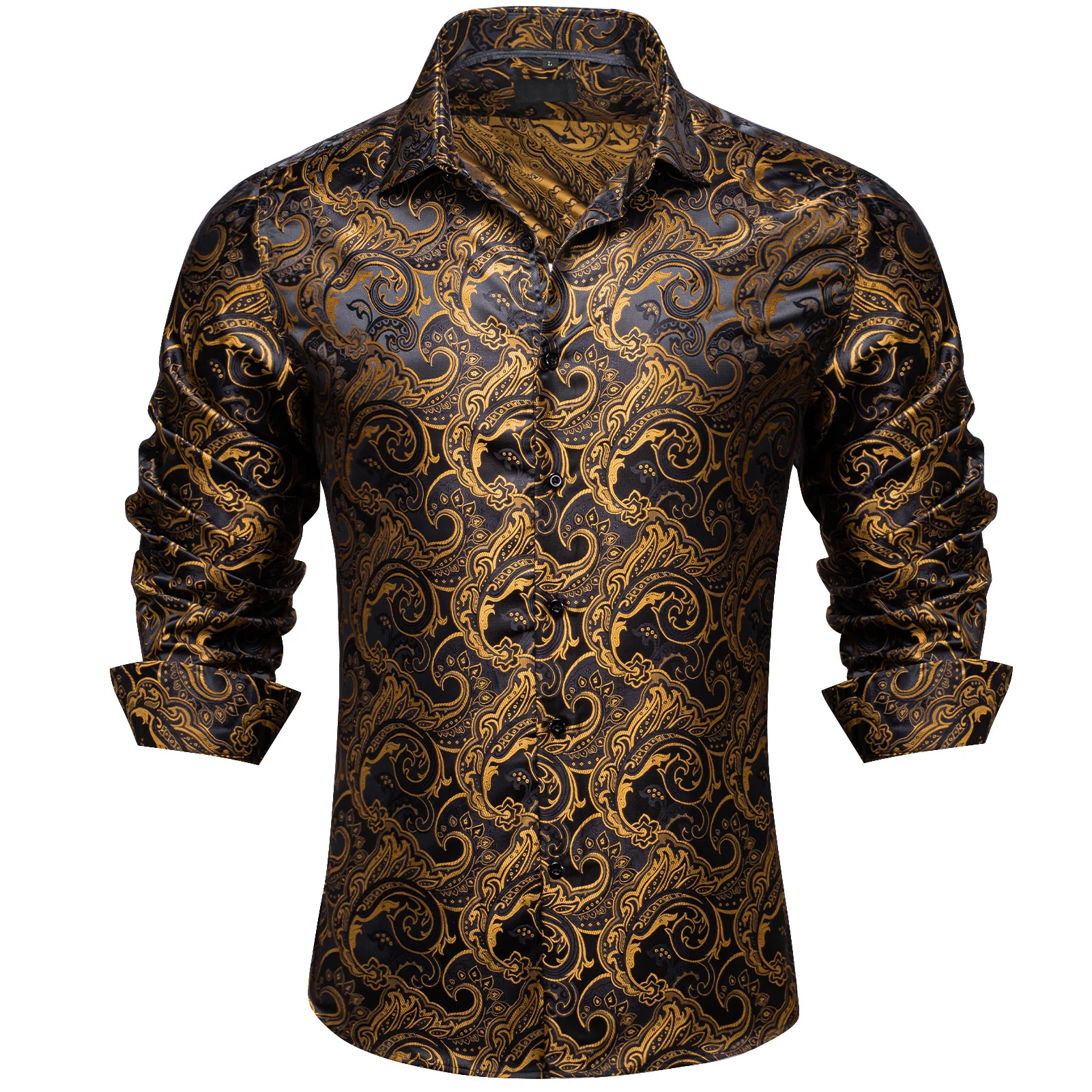 New Black Brown Paisley Silk Men's Long Sleeve Shirt