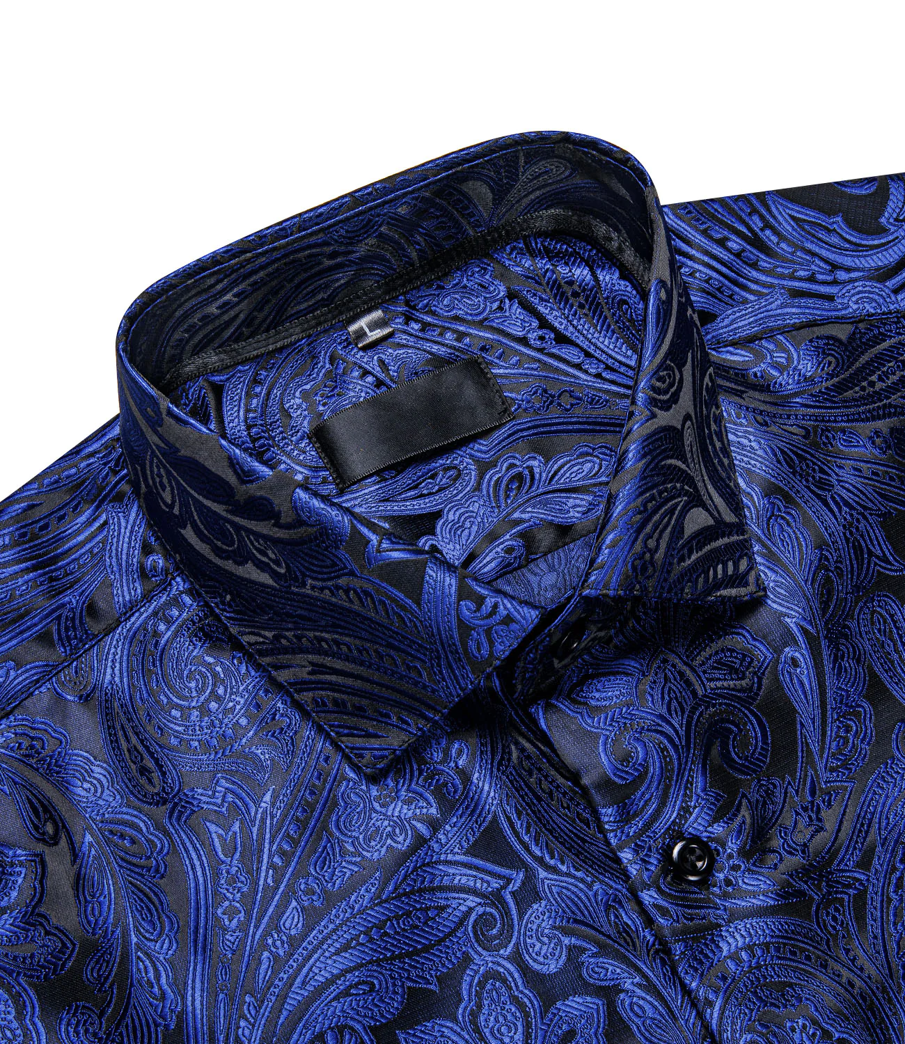 New Royal Blue Black Paisley Silk Men's Long Sleeve Shirt