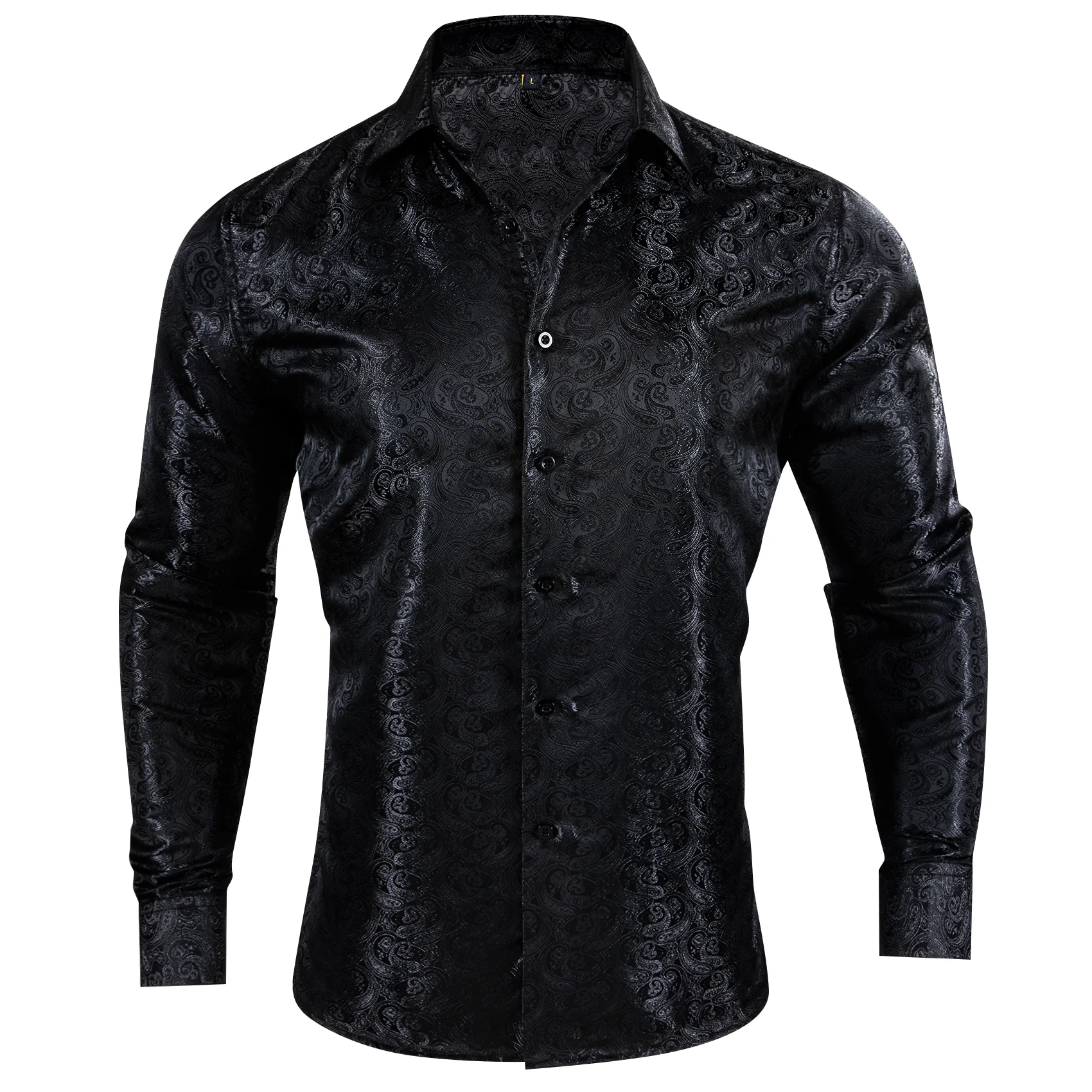 Luxury Black Paisley Pattern Silk Men's Long Sleeve Shirt