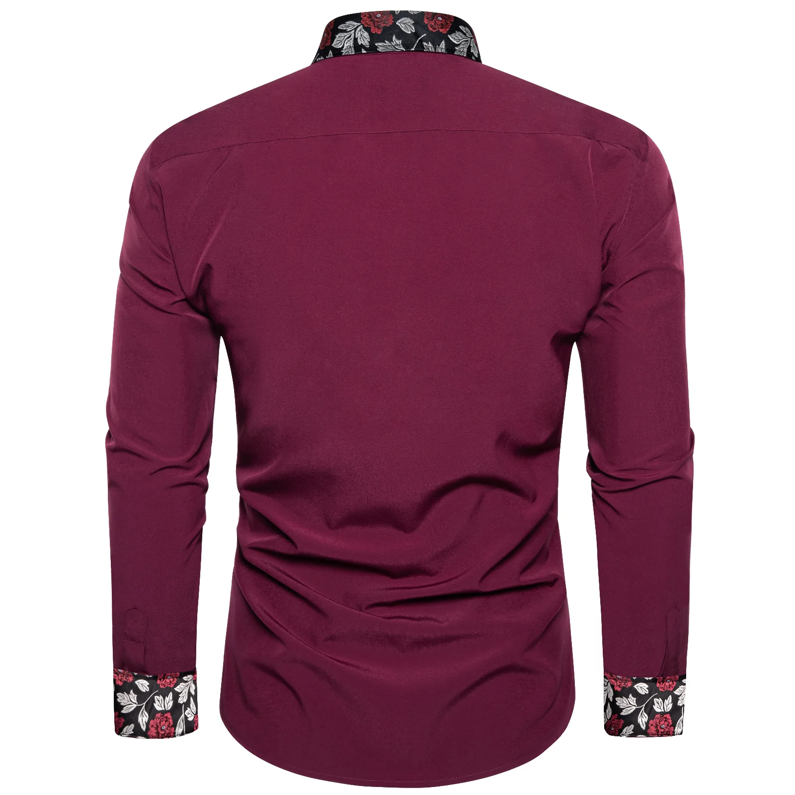 Splicing Style Burgundy Red with Black Floral Edge Men's Solid Long Sleeve Shirt