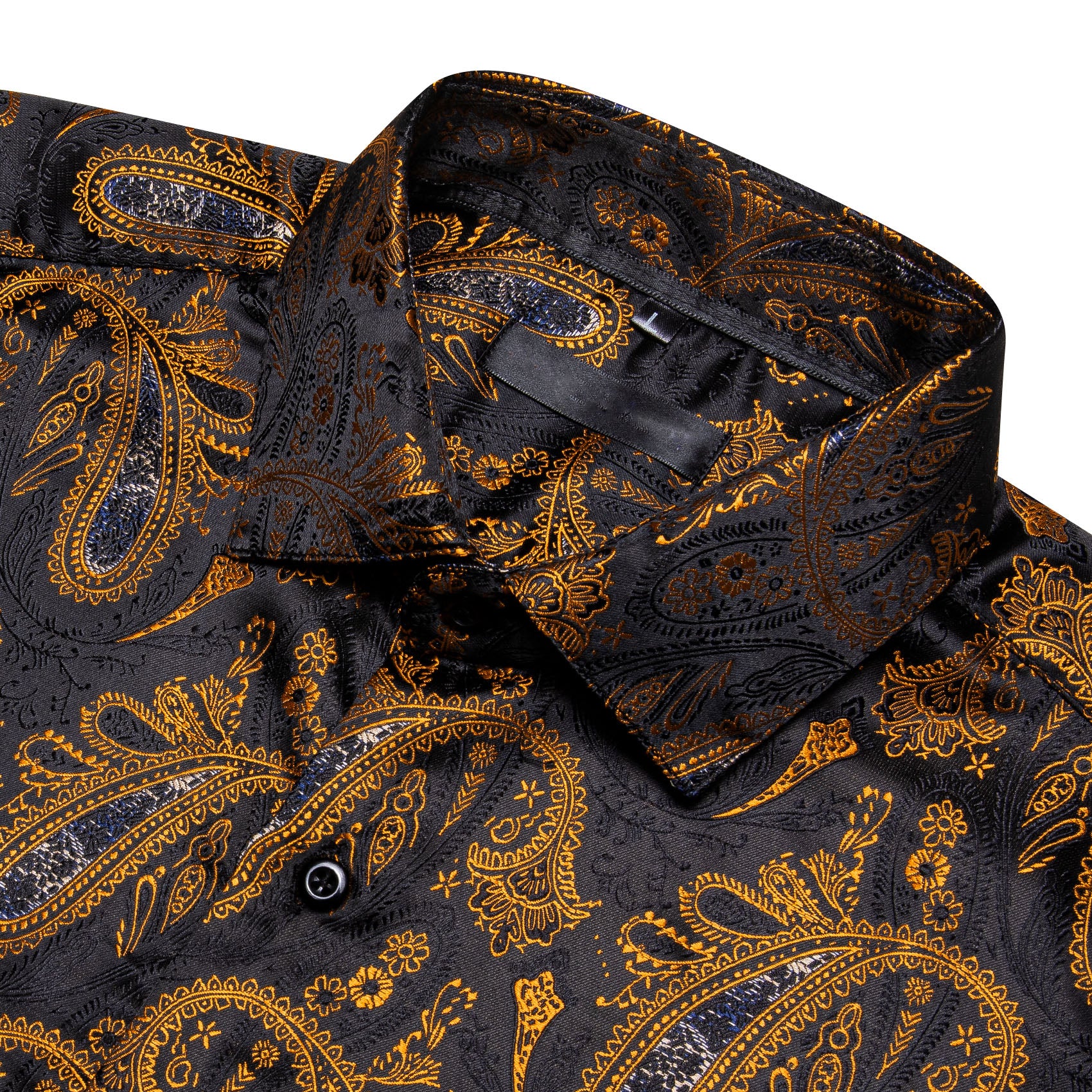 New Black Gold Paisley Silk Men's Long Sleeve Shirt