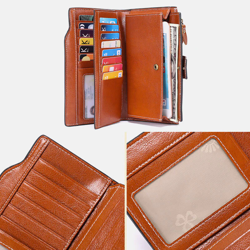 Genuine Leather RFID Anti Theft Oil Wax 6.3 Inch Phone Long Wallet Purse