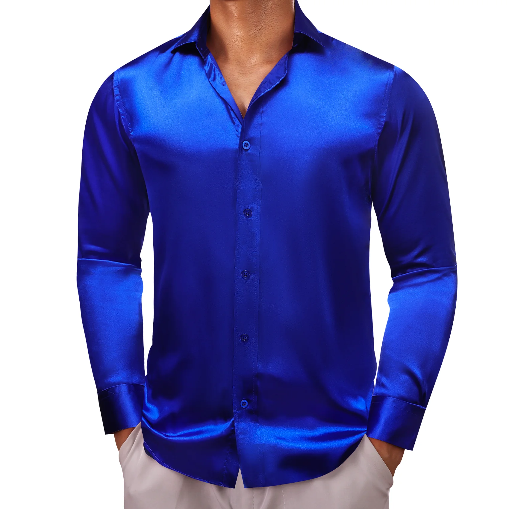 Royal Blue Satin Men's Long Sleeve Shirt