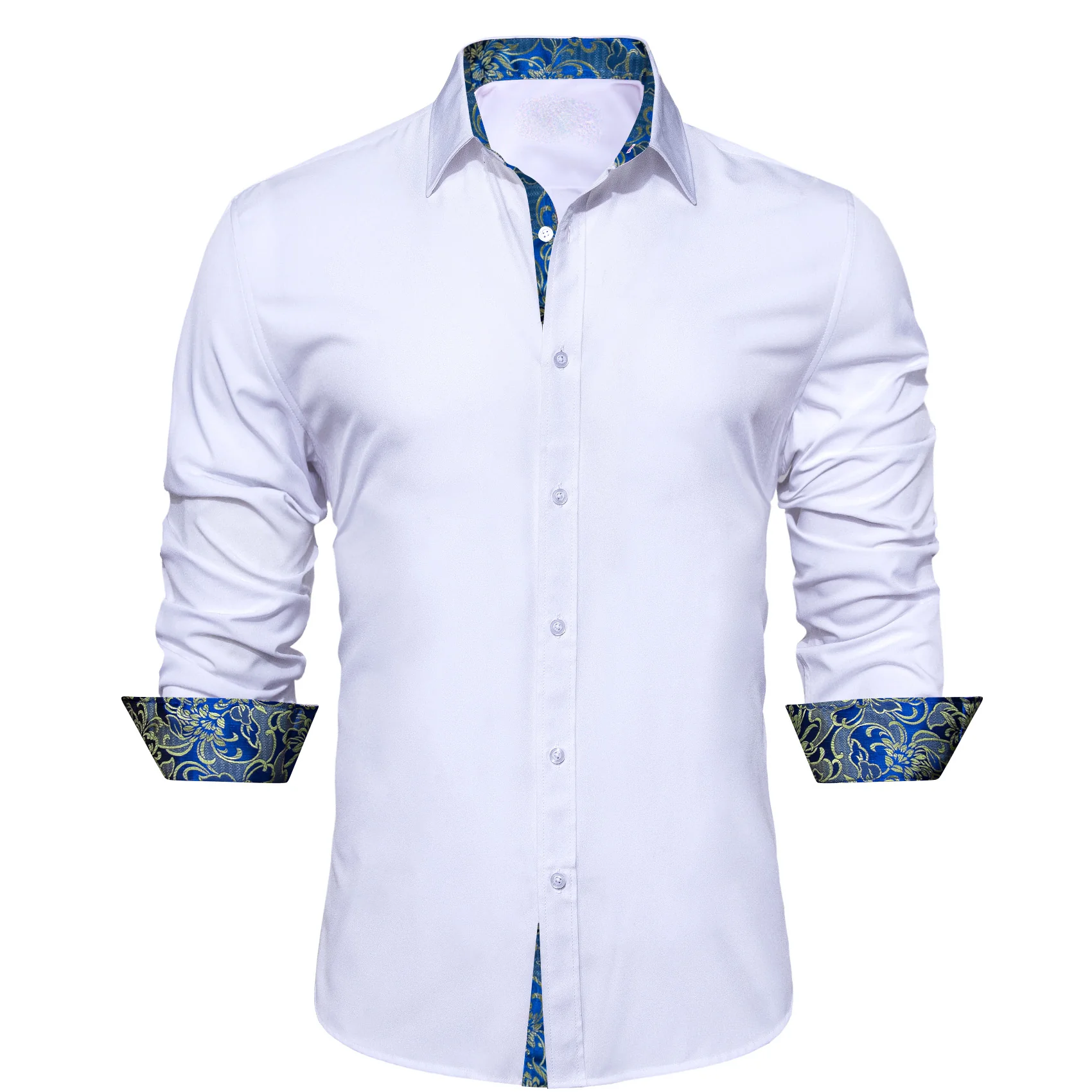 Splicing Style White with Blue Yellow Floral Edge Men's Long Sleeve Shirt