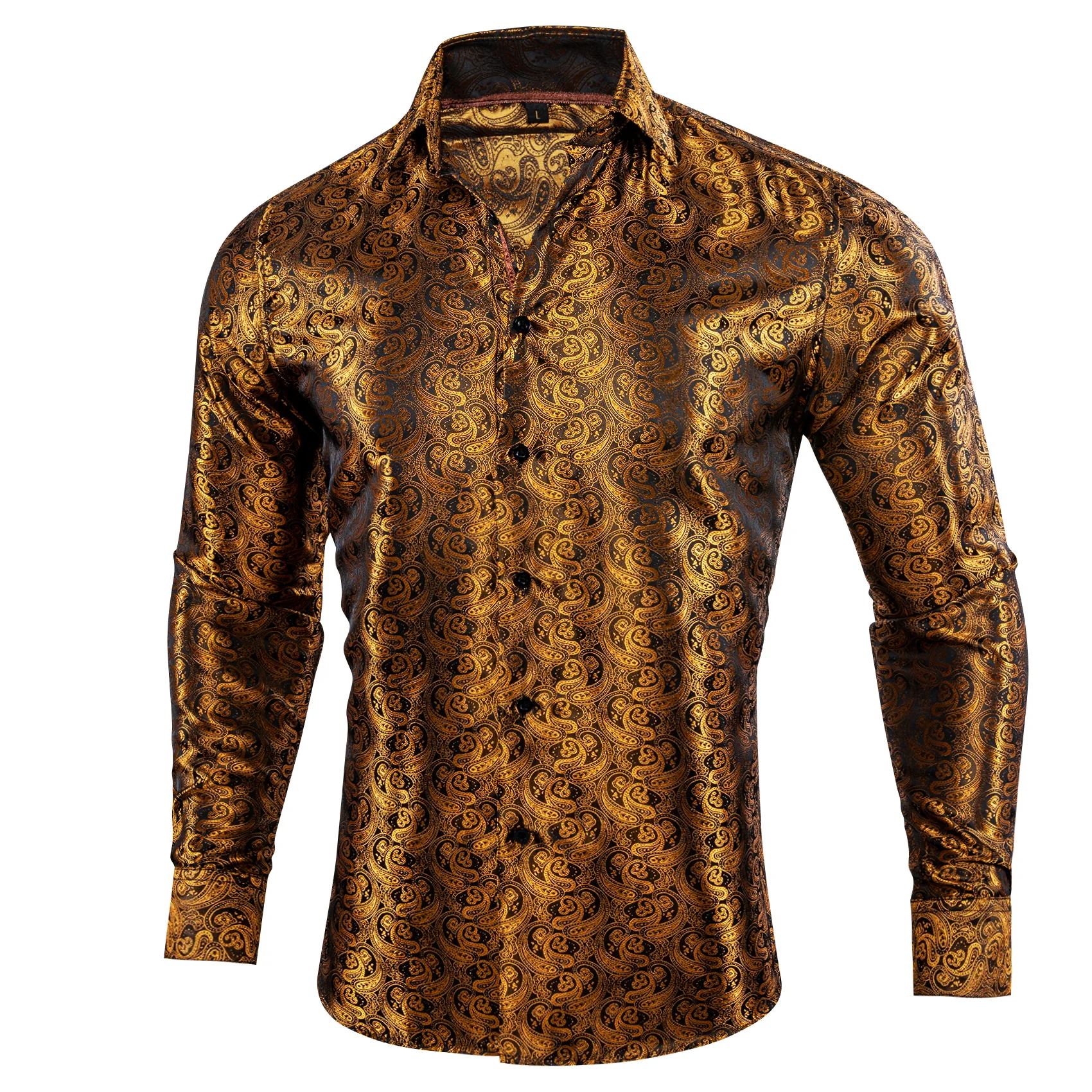 Brown Golden Paisley Pattern Silk Men's Long Sleeve Shirt