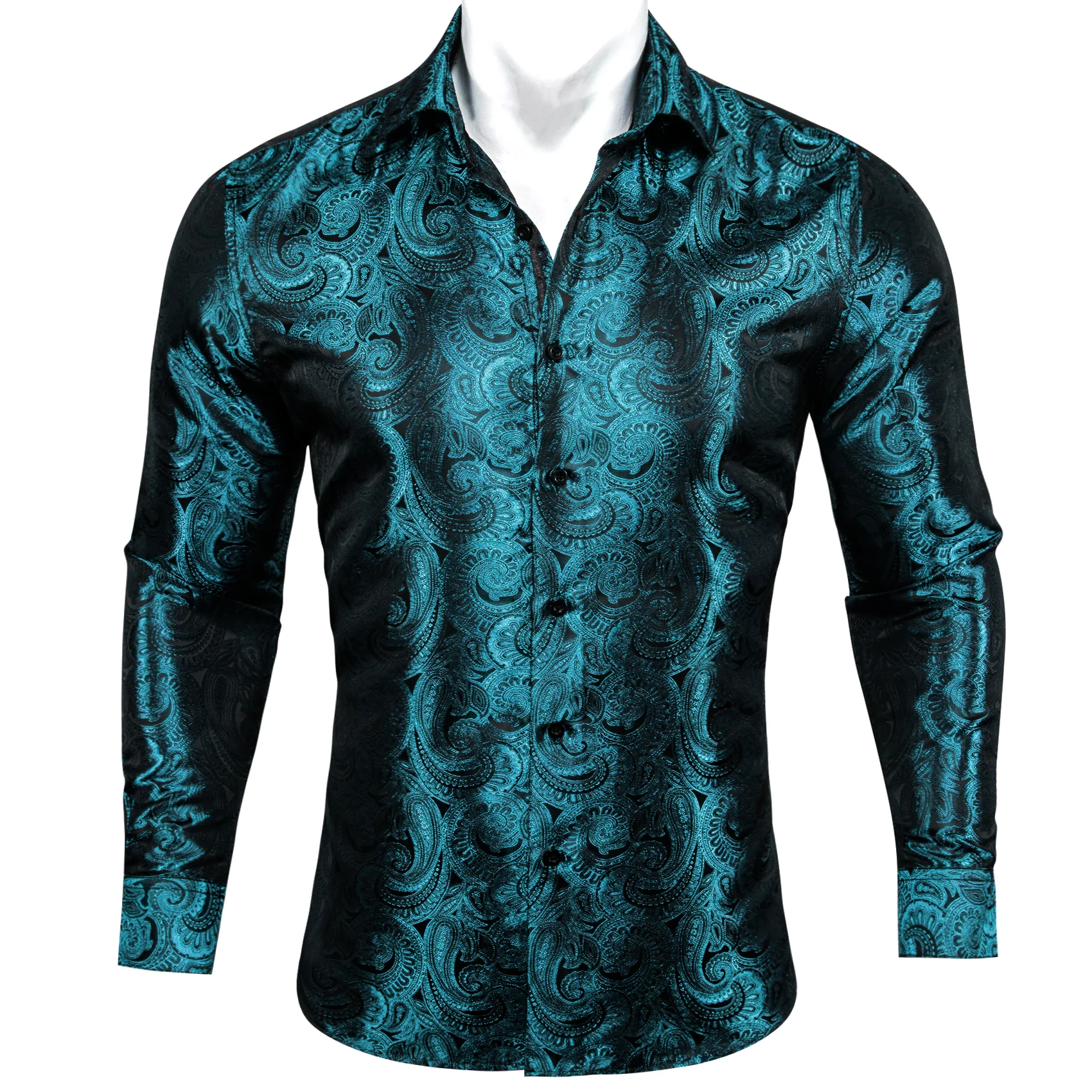 New Luxury Blue Paisley Pattern Silk Men's Long Sleeve Shirt