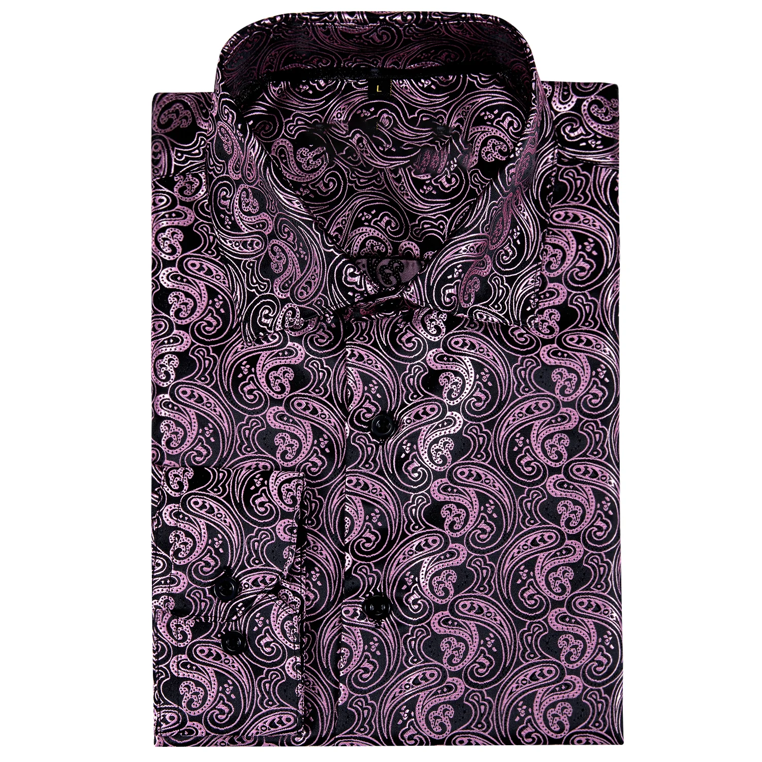 Pink Black Paisley Style Silk Men's Long Sleeve Shirt