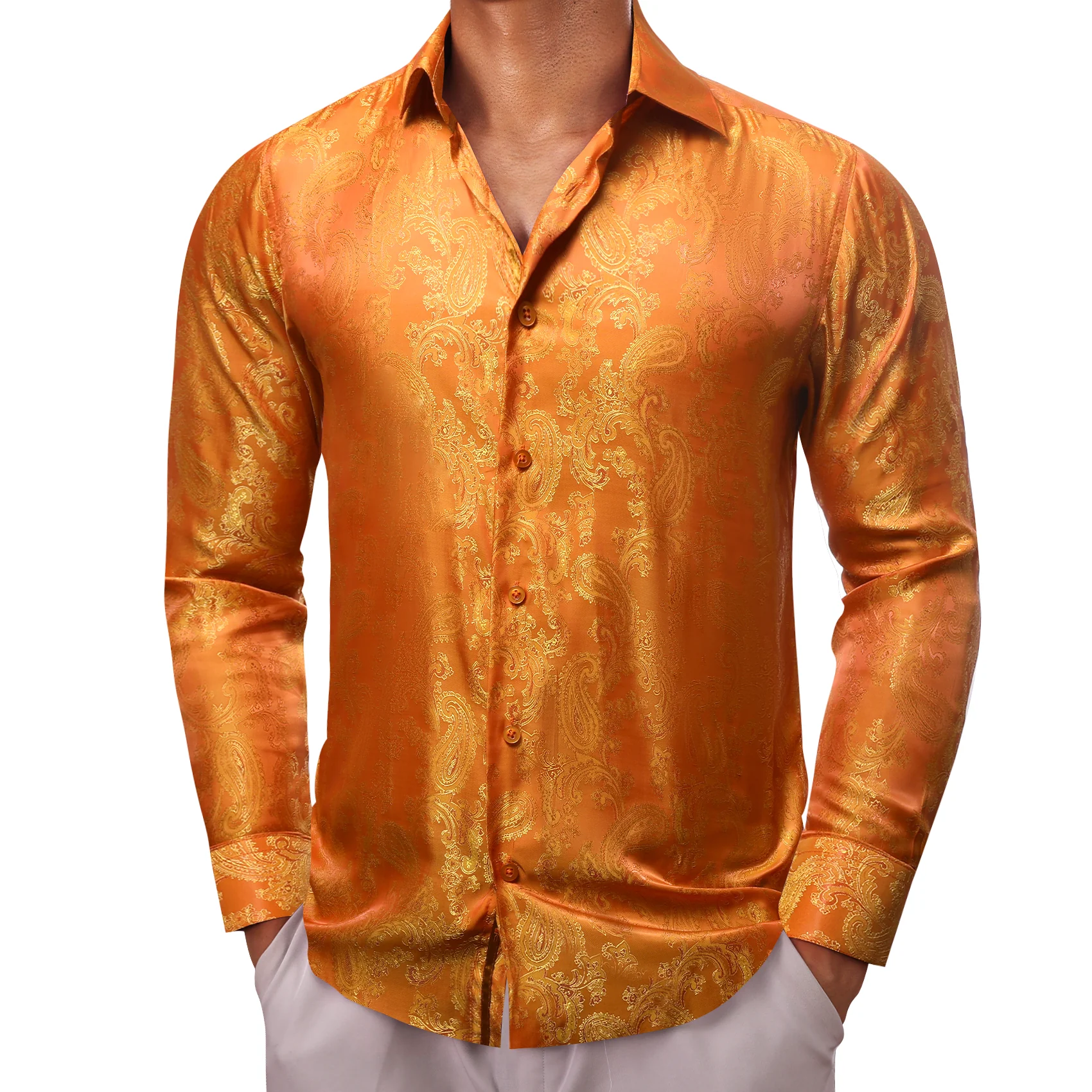 Orange Paisley Men's Long Sleeve Casual Shirt