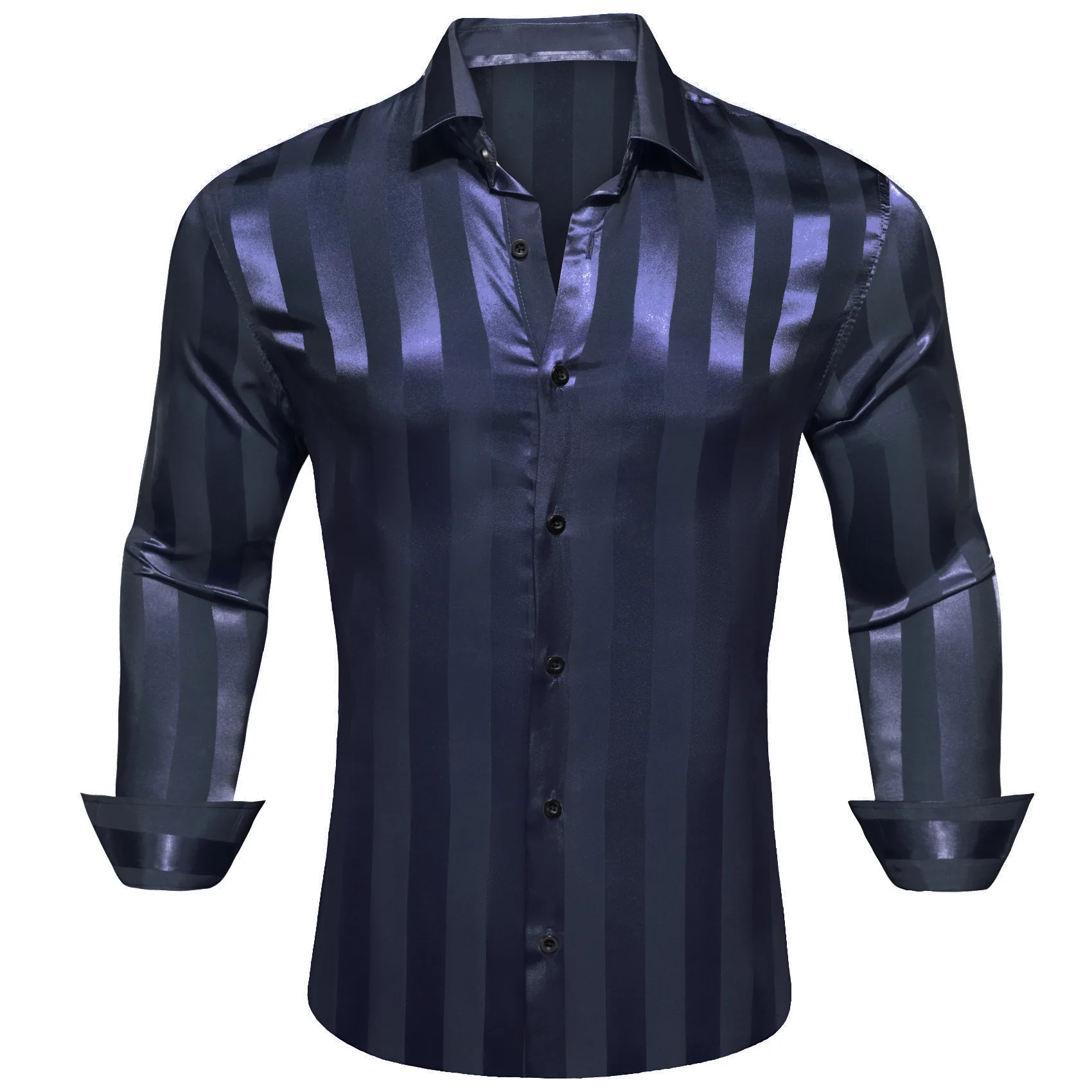 Blue Striped Shiny Satin Men's Long Sleeve Shirt