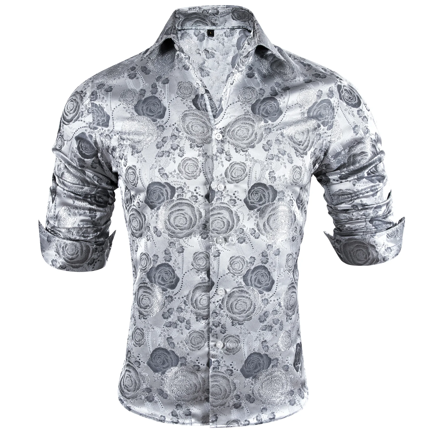 New Silver Grey Floral Style Silk Men's Long Sleeve Shirt
