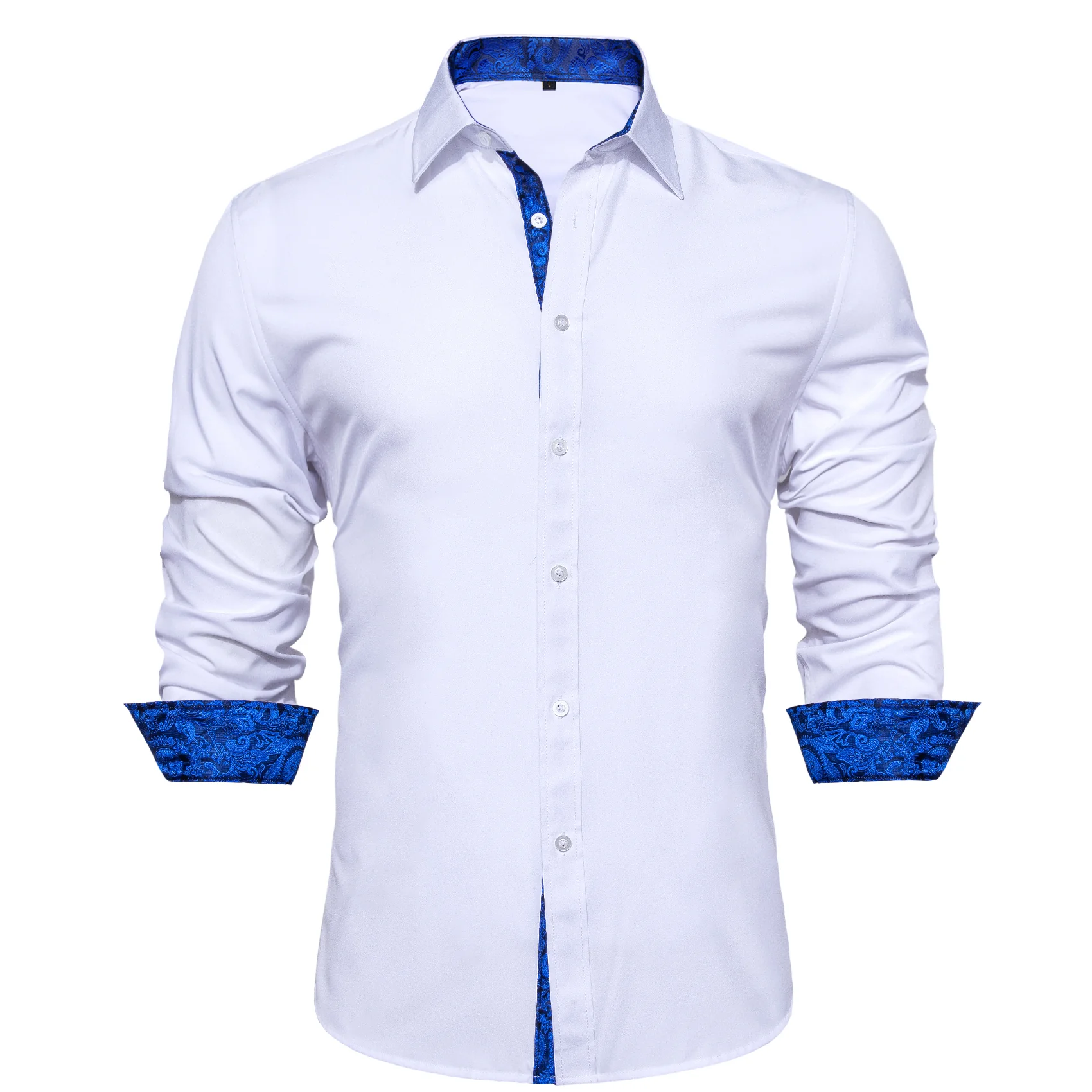 New Splicing Style White with Blue Paisley Edge Men's Long Sleeve Shirt