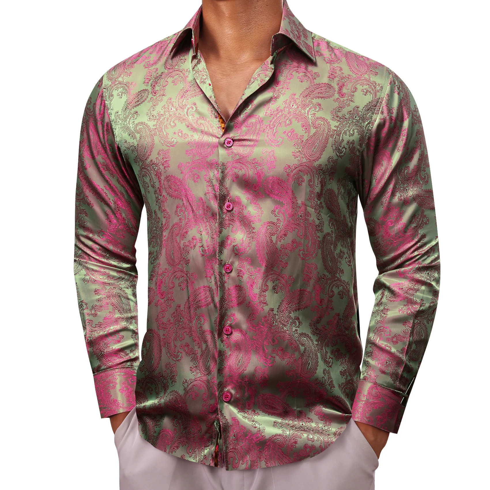 Pink Green Paisley Style Casual Silk Men's Long Sleeve Button Shirt
