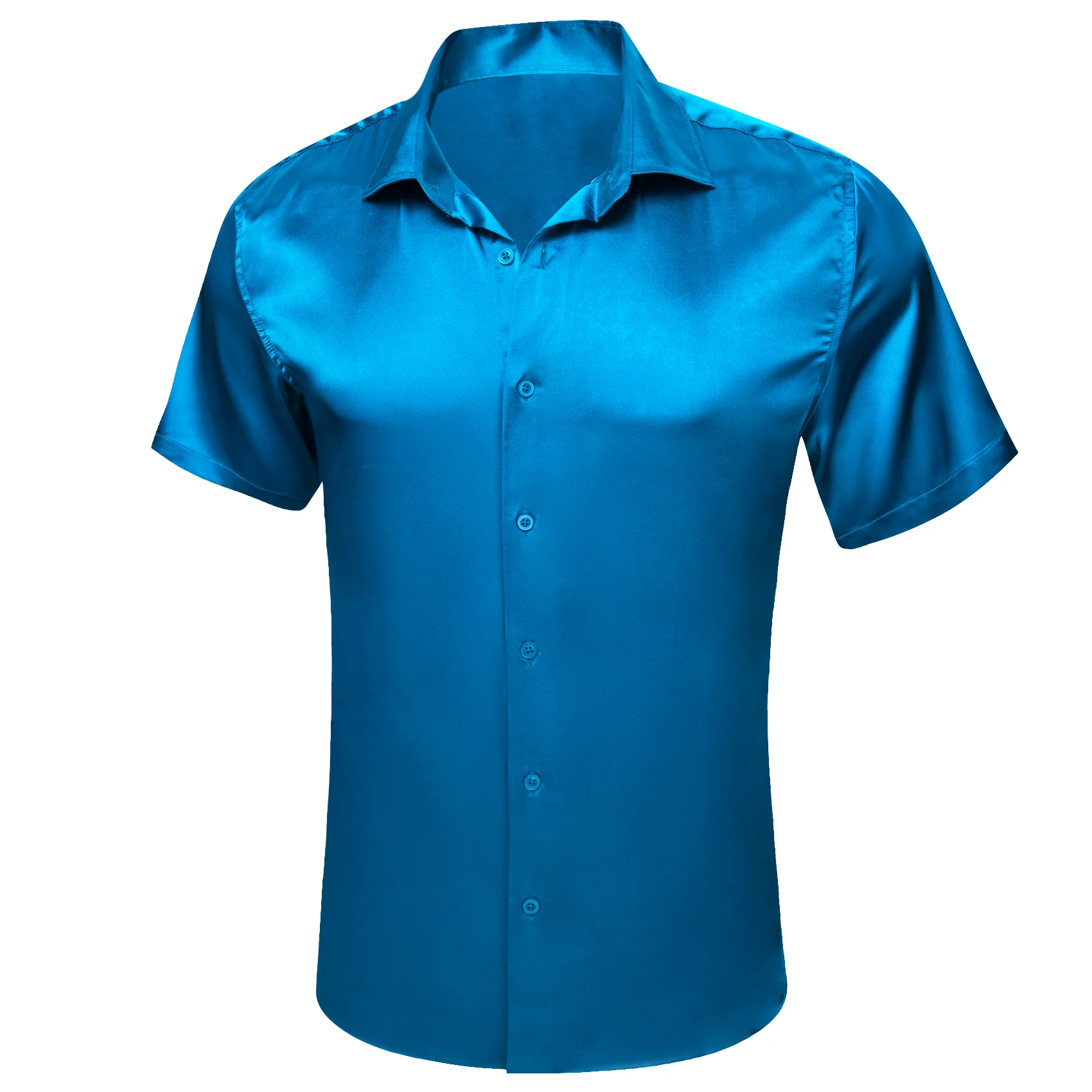 Blue Satin Solid Silk Men's Short Sleeve Shirt