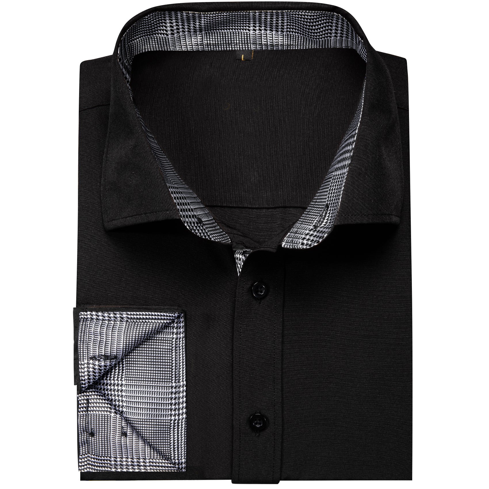 Splicing Style Black with Grey Plaid Edge Men's Solid Long Sleeve Shirt