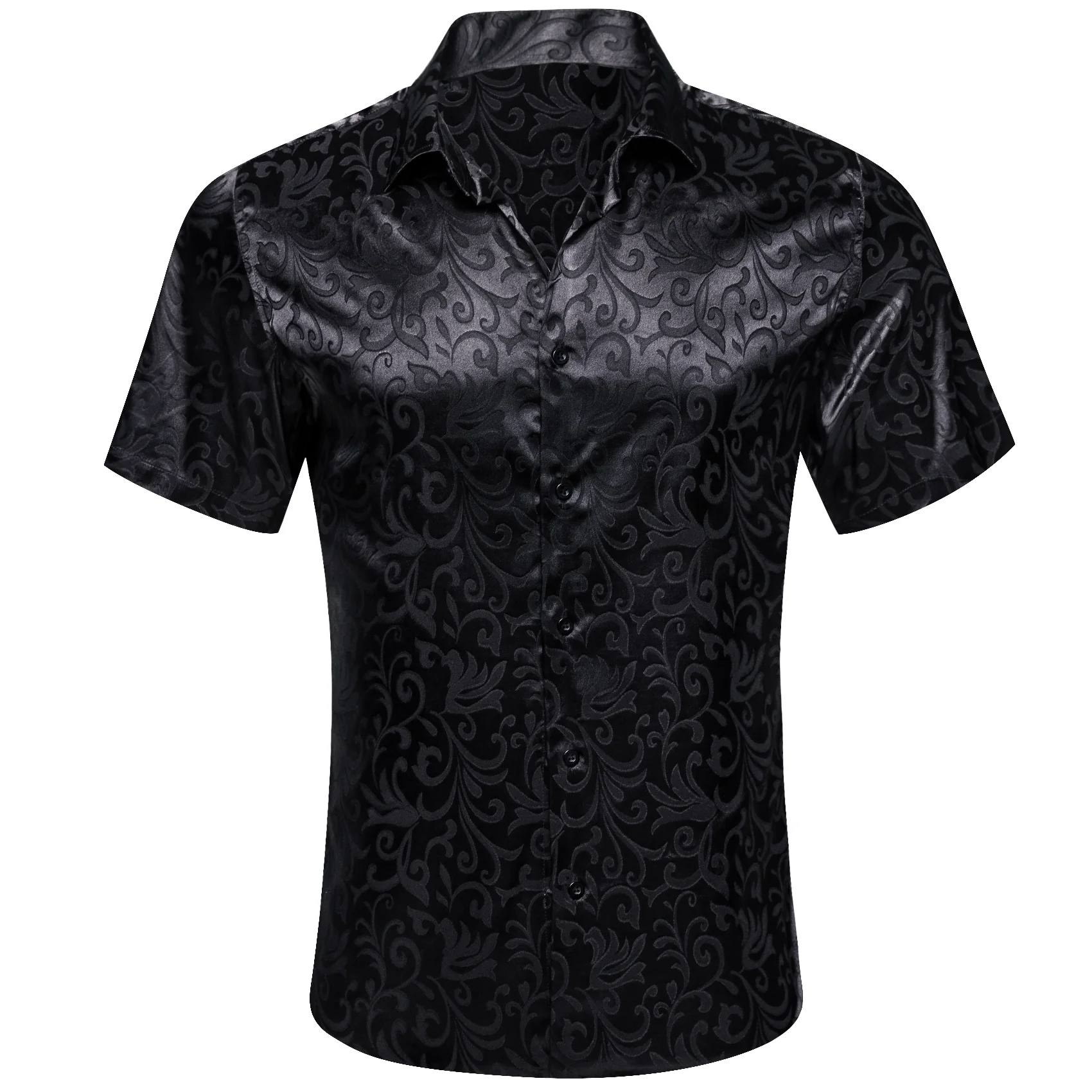 Black Floral Leaf Silk Men's Short Sleeve Shirt