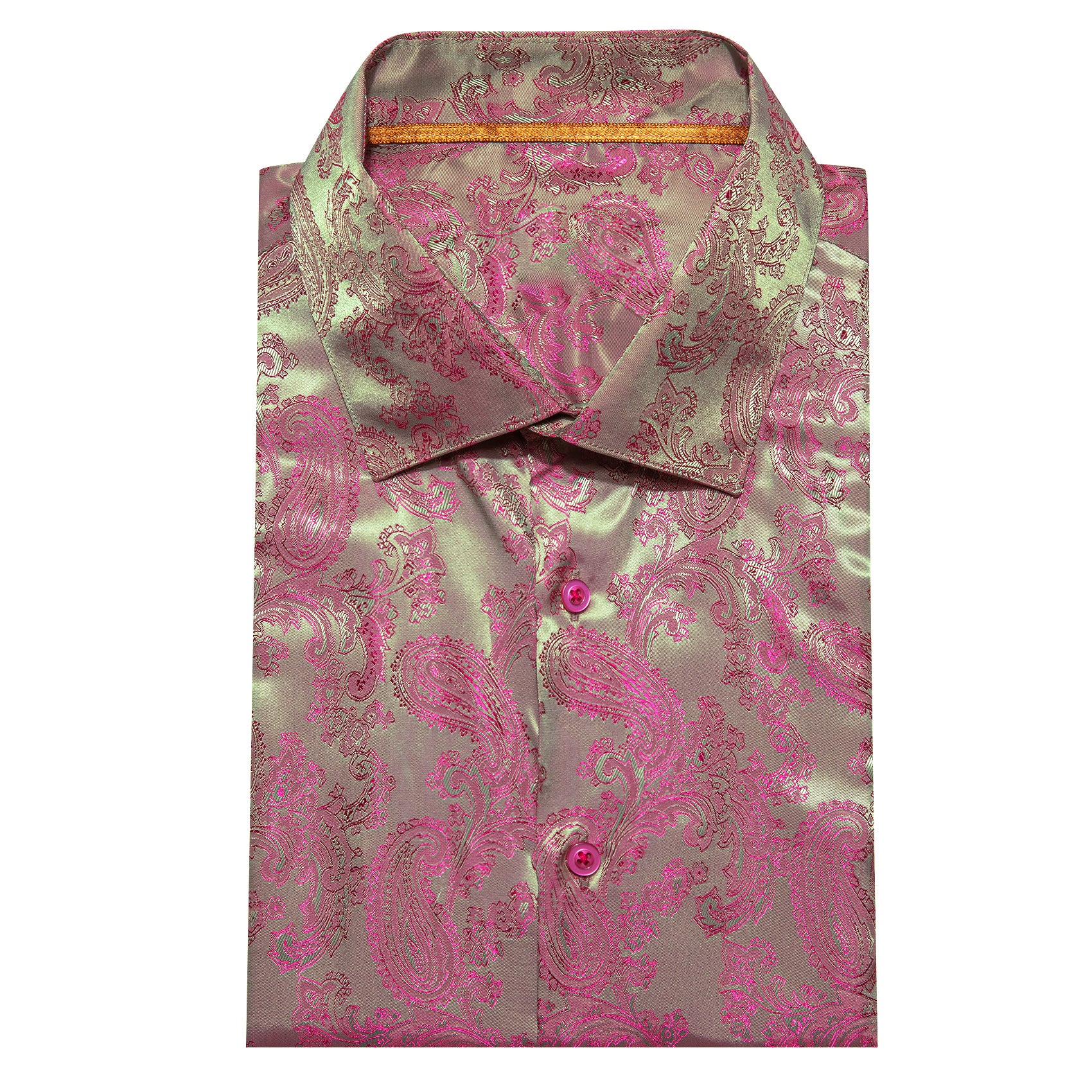 Pink Green Paisley Style Casual Silk Men's Long Sleeve Button Shirt