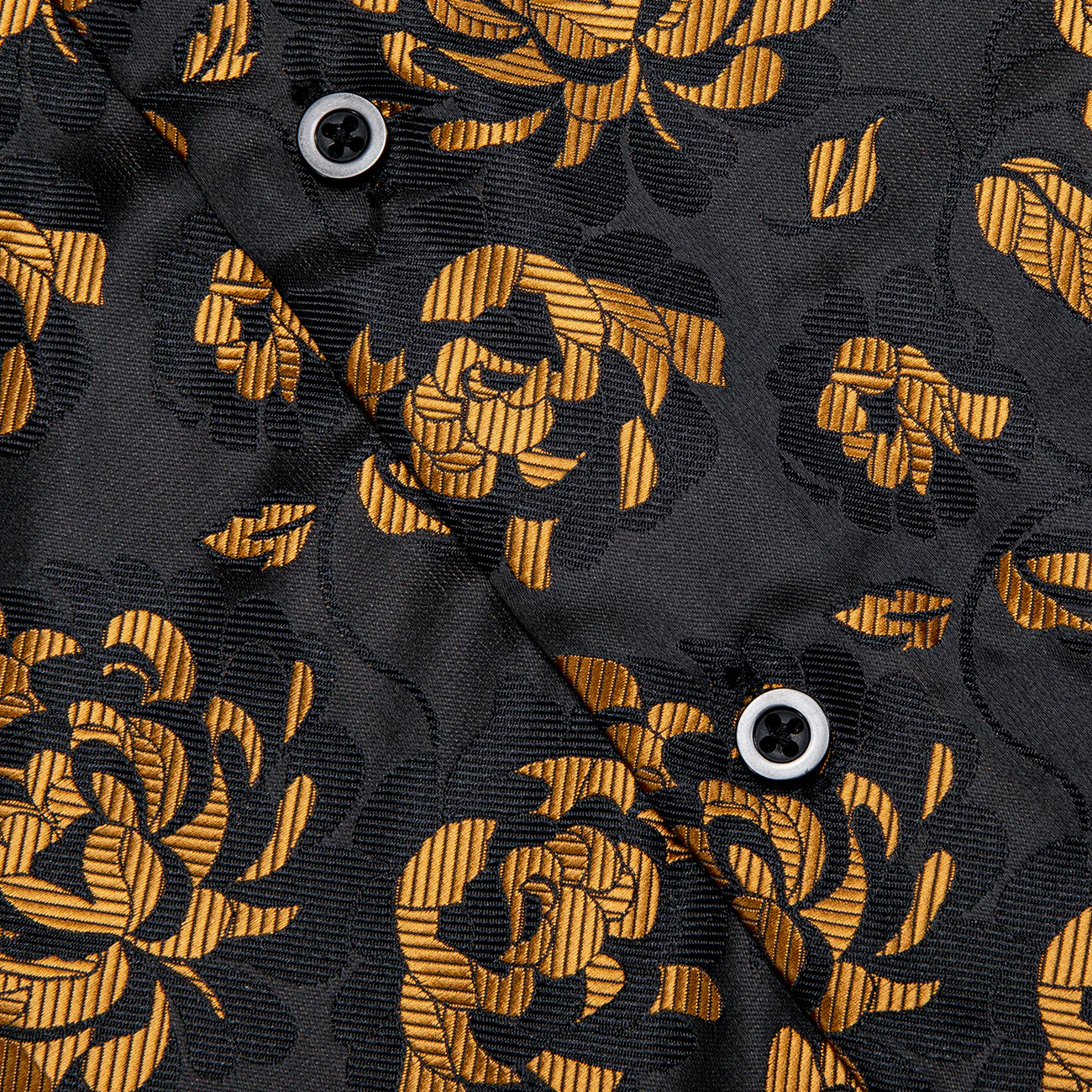 Black Golden Peony Floral Silk Men's Long Sleeve Shirt