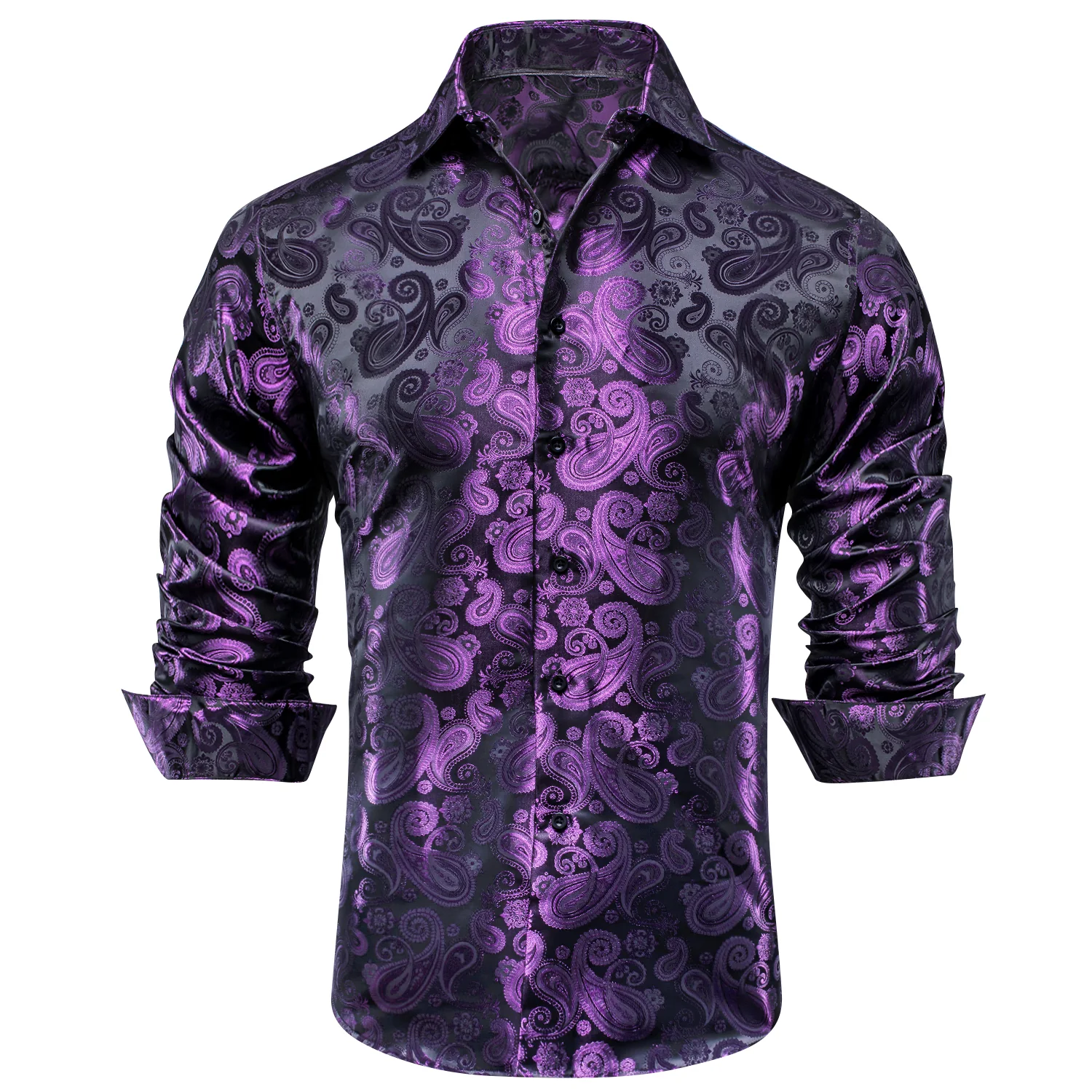 Luxury Purple Paisley Pattern Silk Men's Long Sleeve Shirt