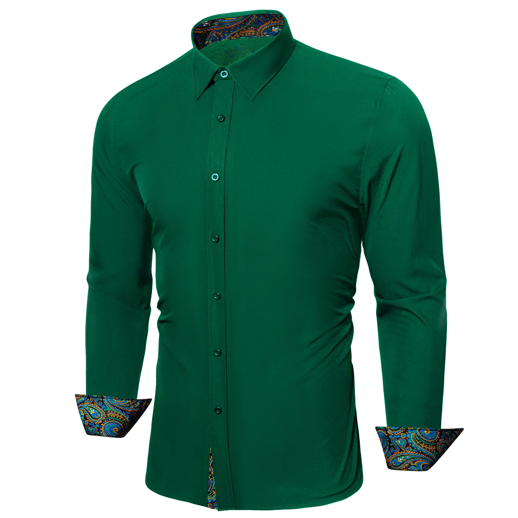 Splicing Style Dark Green with Multiple Color Paisley Edge Men's Long Sleeve Shirt