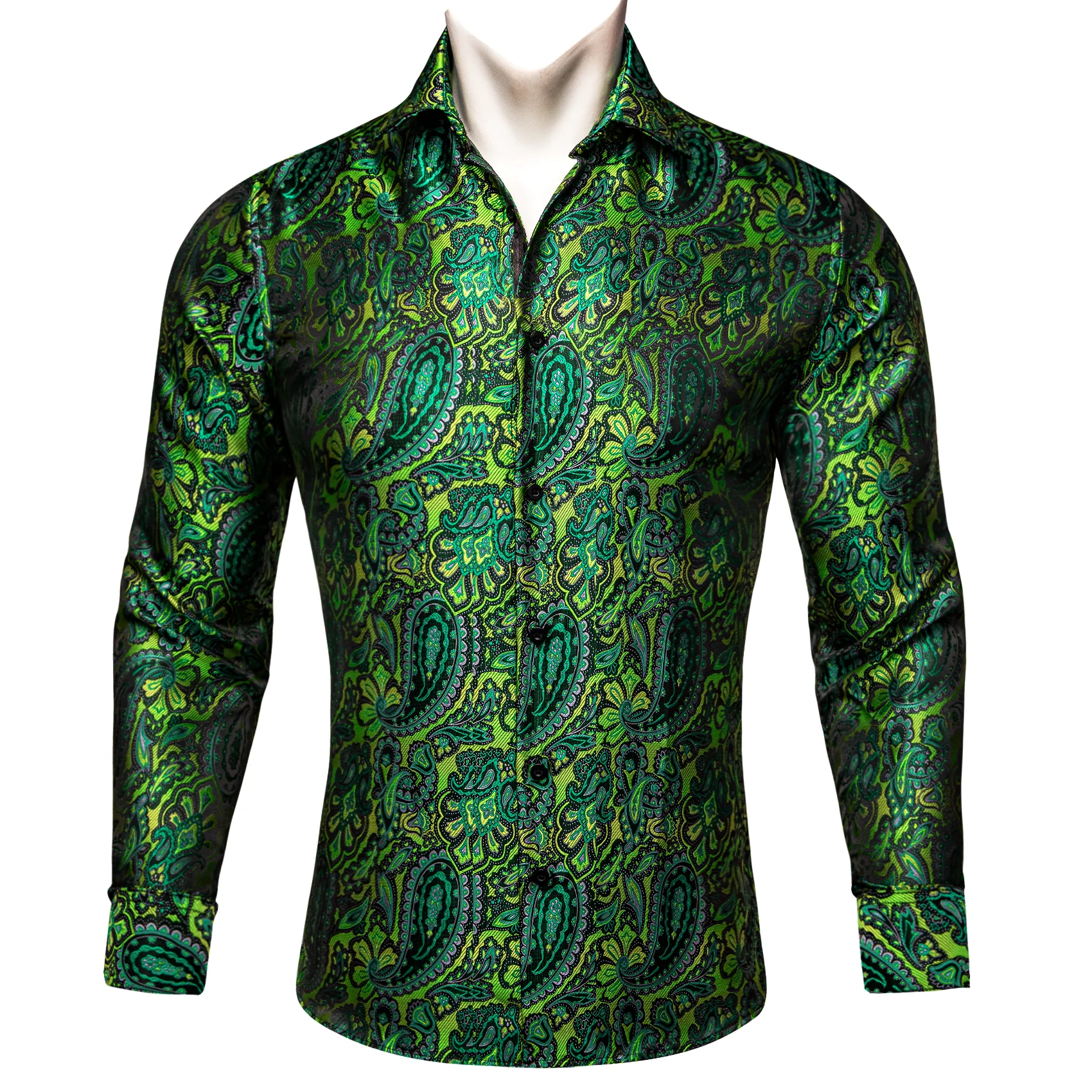 Green Paisley Floral Silk Men's Long Sleeve Shirt