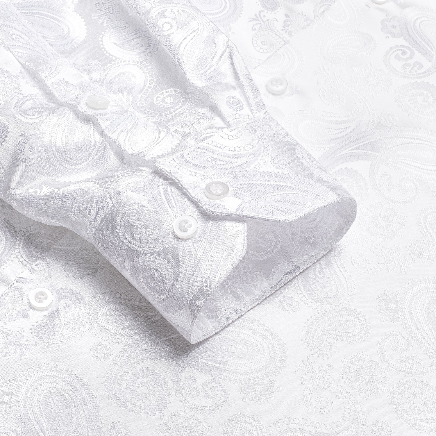 Pure White Paisley Silk Men's Long Sleeve Shirt