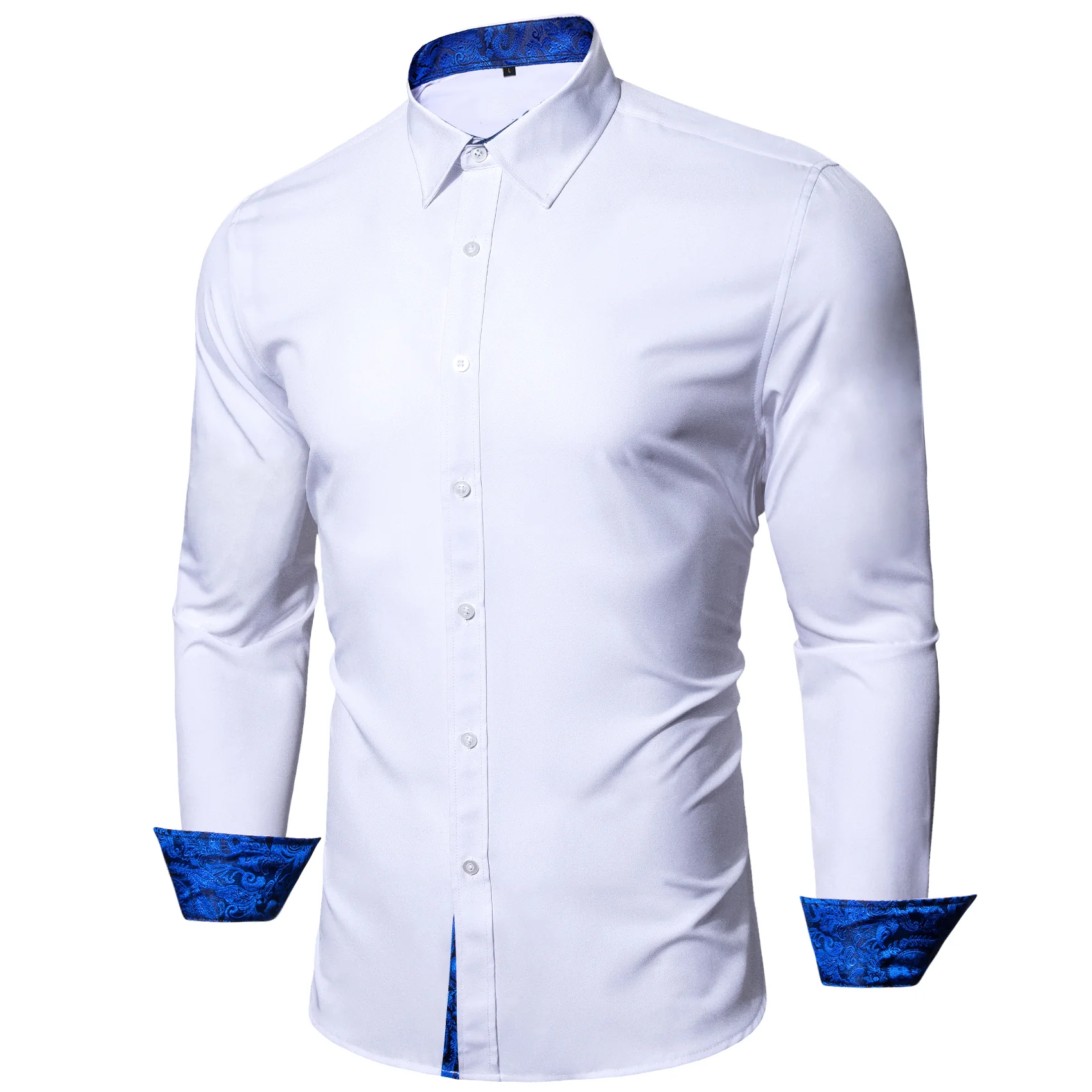 New Splicing Style White with Blue Paisley Edge Men's Long Sleeve Shirt