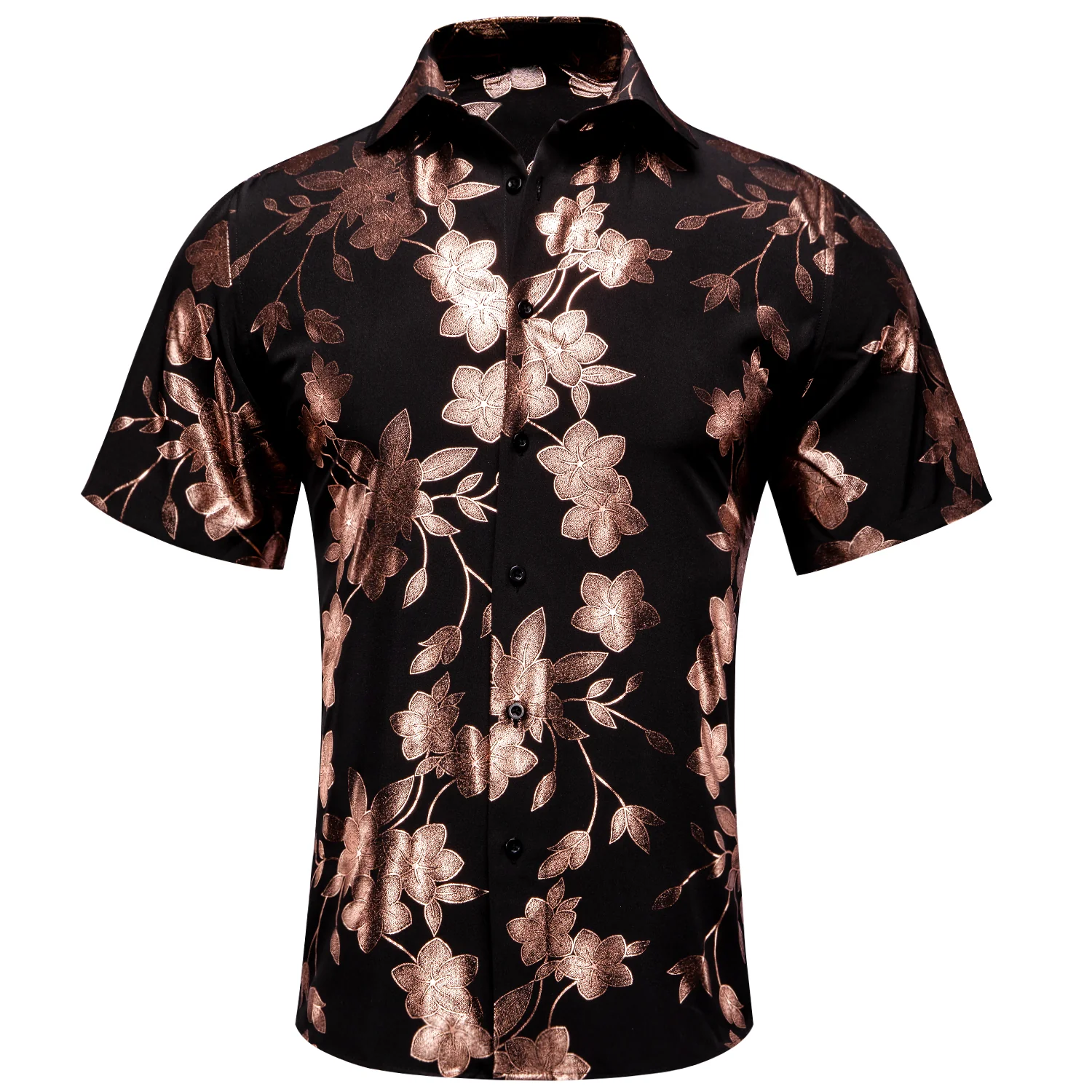 New Black Shirt with Pink Floral Silk Men's Short Sleeve Shirt