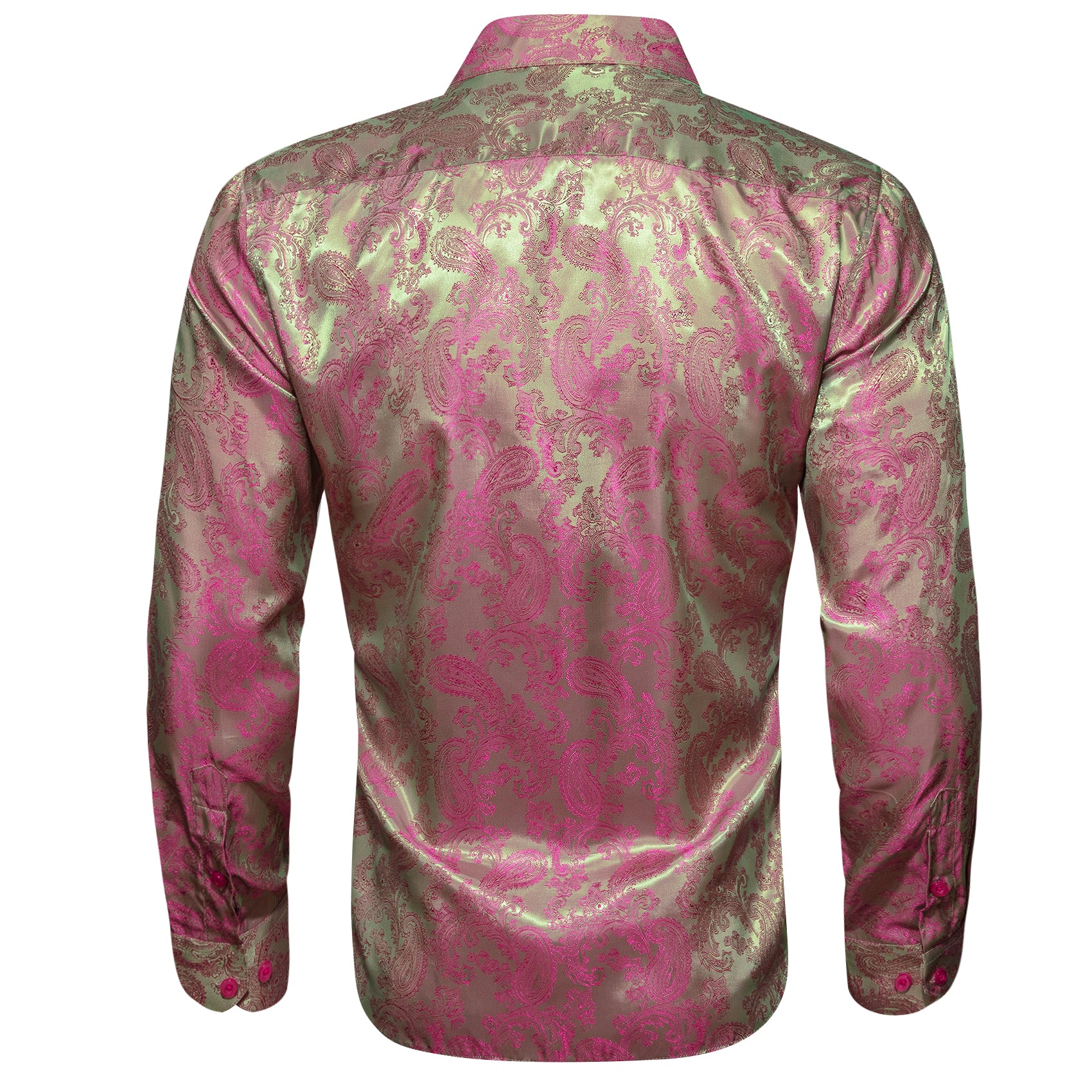 Pink Green Paisley Style Casual Silk Men's Long Sleeve Button Shirt