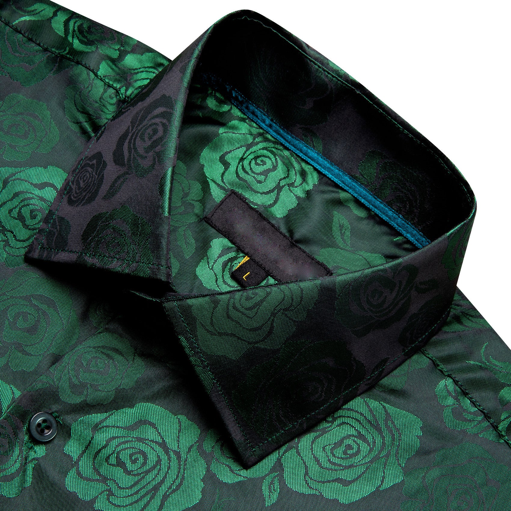 Green Black Floral Rose Silk Men's Long Sleeve Shirt