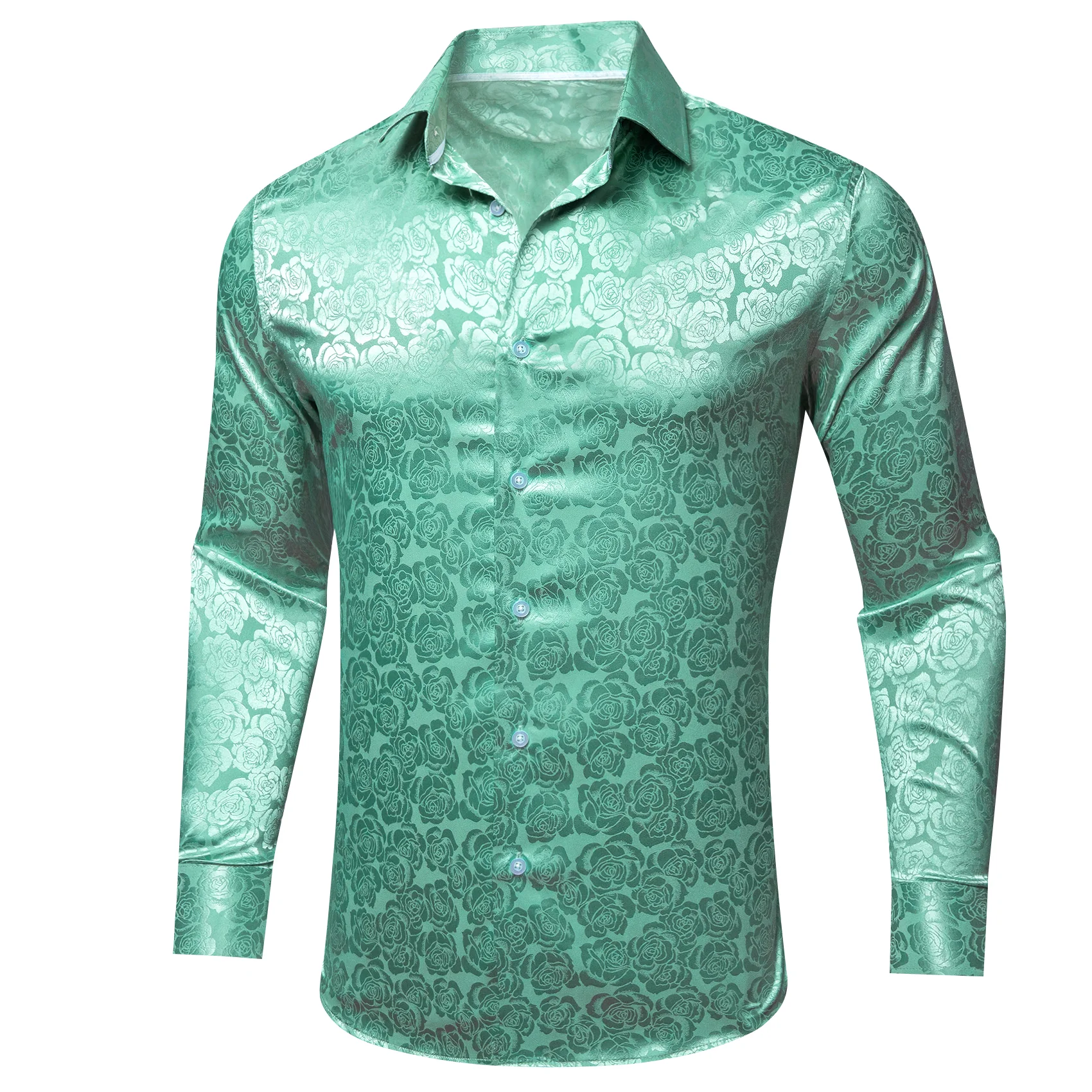 Mint Green Floral Rose Silk Men's Long Sleeve Shirt