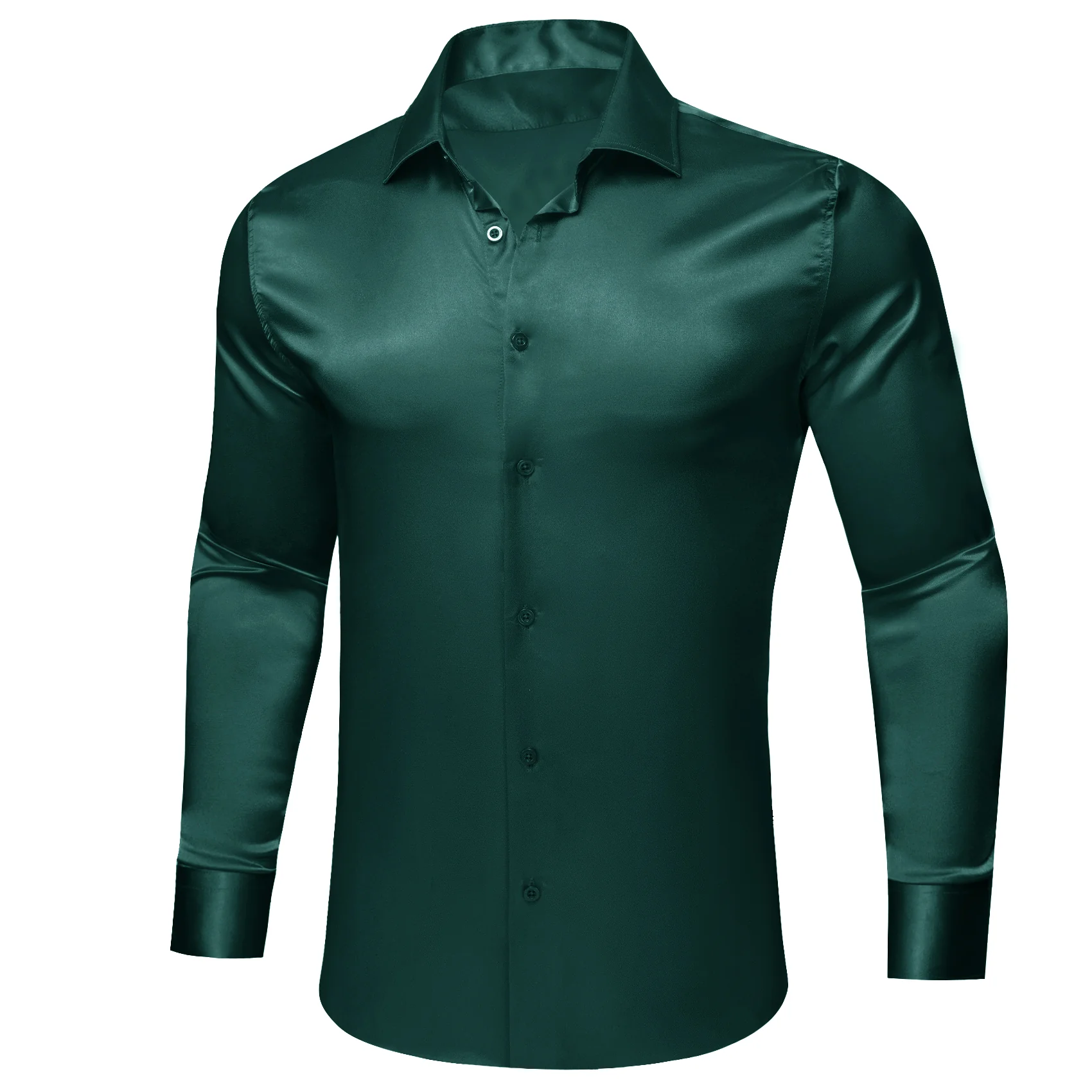 New Dark Green Solid Satin Silk Men's Long Sleeve Shirt