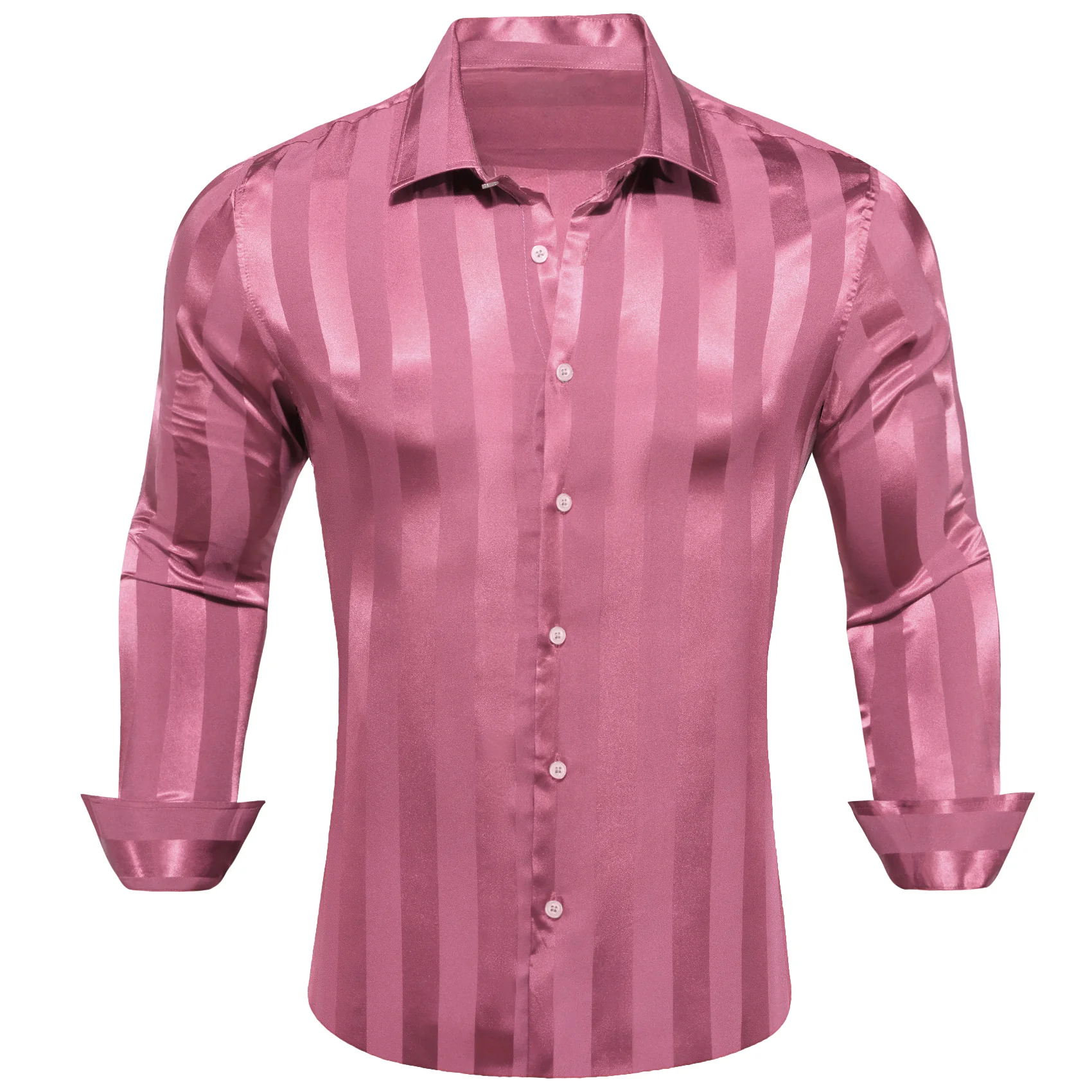Pink Striped Shiny Satin Men's Long Sleeve Shirt