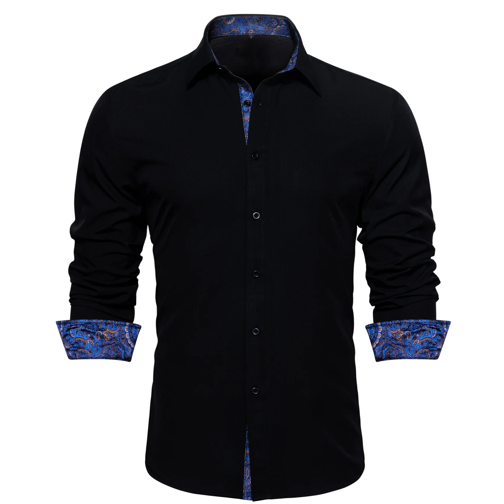 New Splicing Style Black with Blue Paisley Edge Men's Long Sleeve Shirt