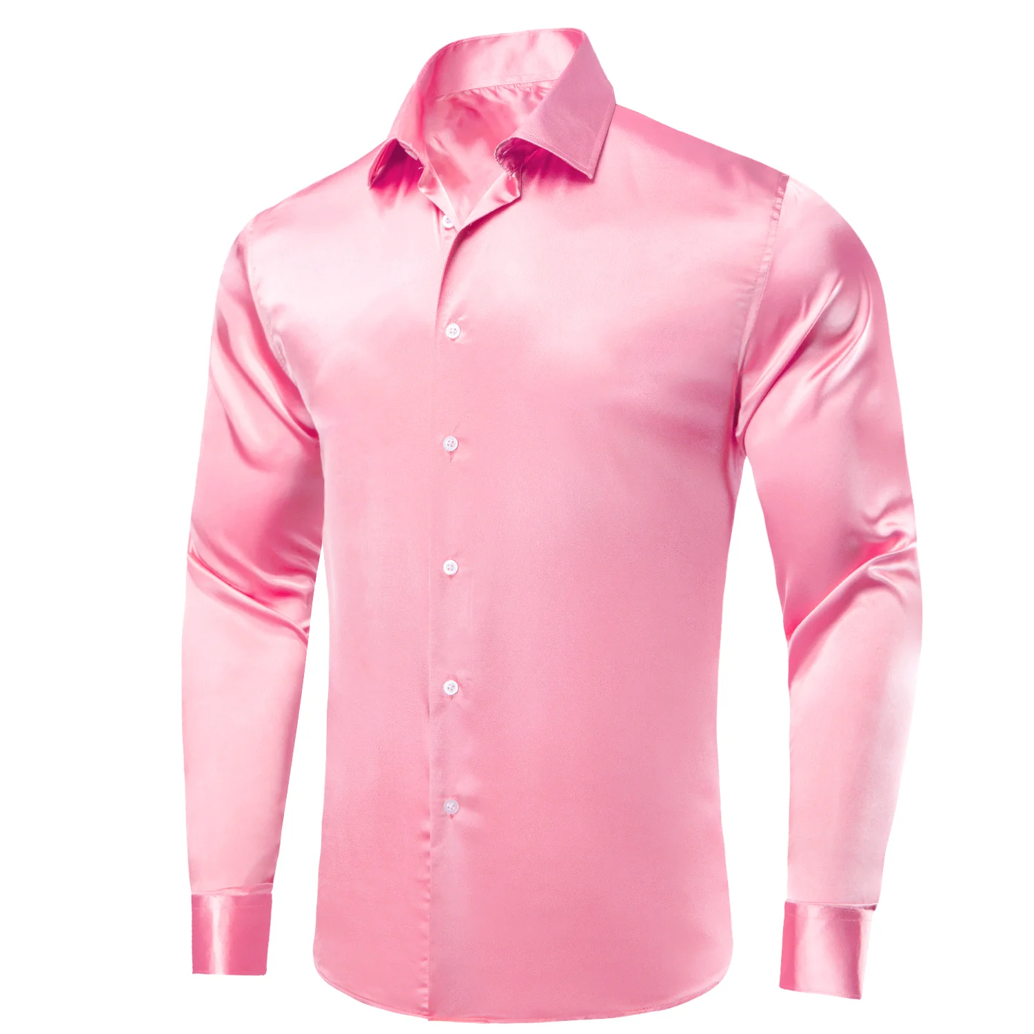 Pink Solid Satin Men's Long Sleeve Shirt