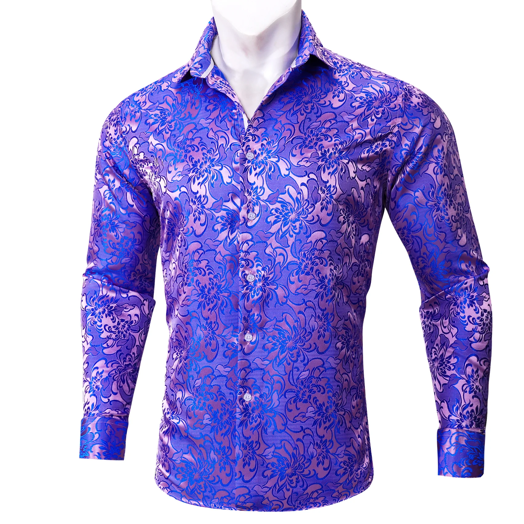 Purple Blue Floral Silk Men's Long Sleeve Shirt