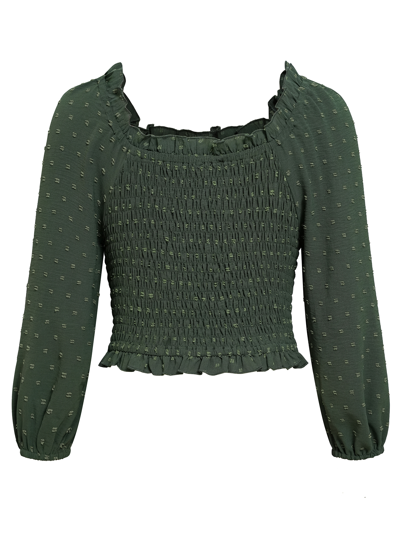 Women Swiss Dot Smocked Ruffle-Trim Scoop Neck Tops