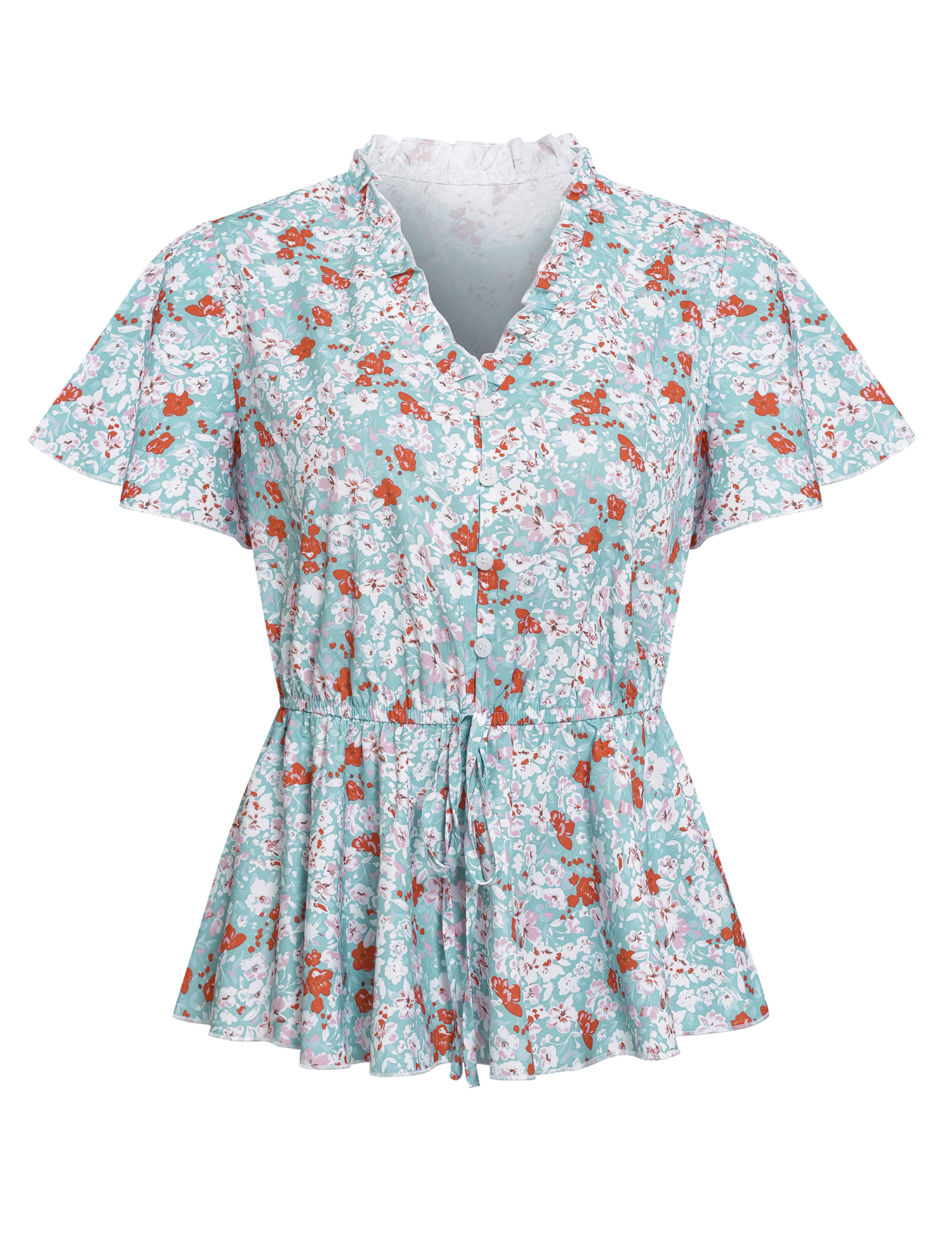 Women Floral V Neck Tops Button Down Slim Waistline Ruffle Short Sleeve