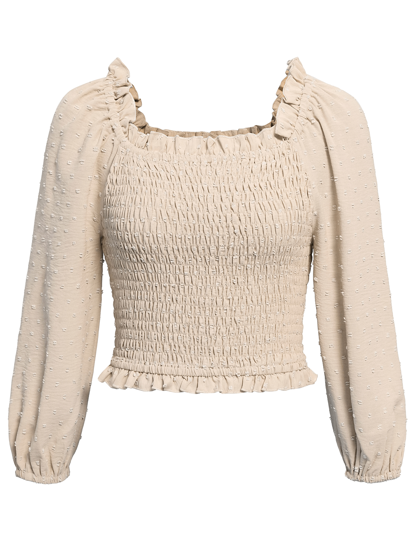 Women Swiss Dot Smocked Ruffle-Trim Scoop Neck Tops