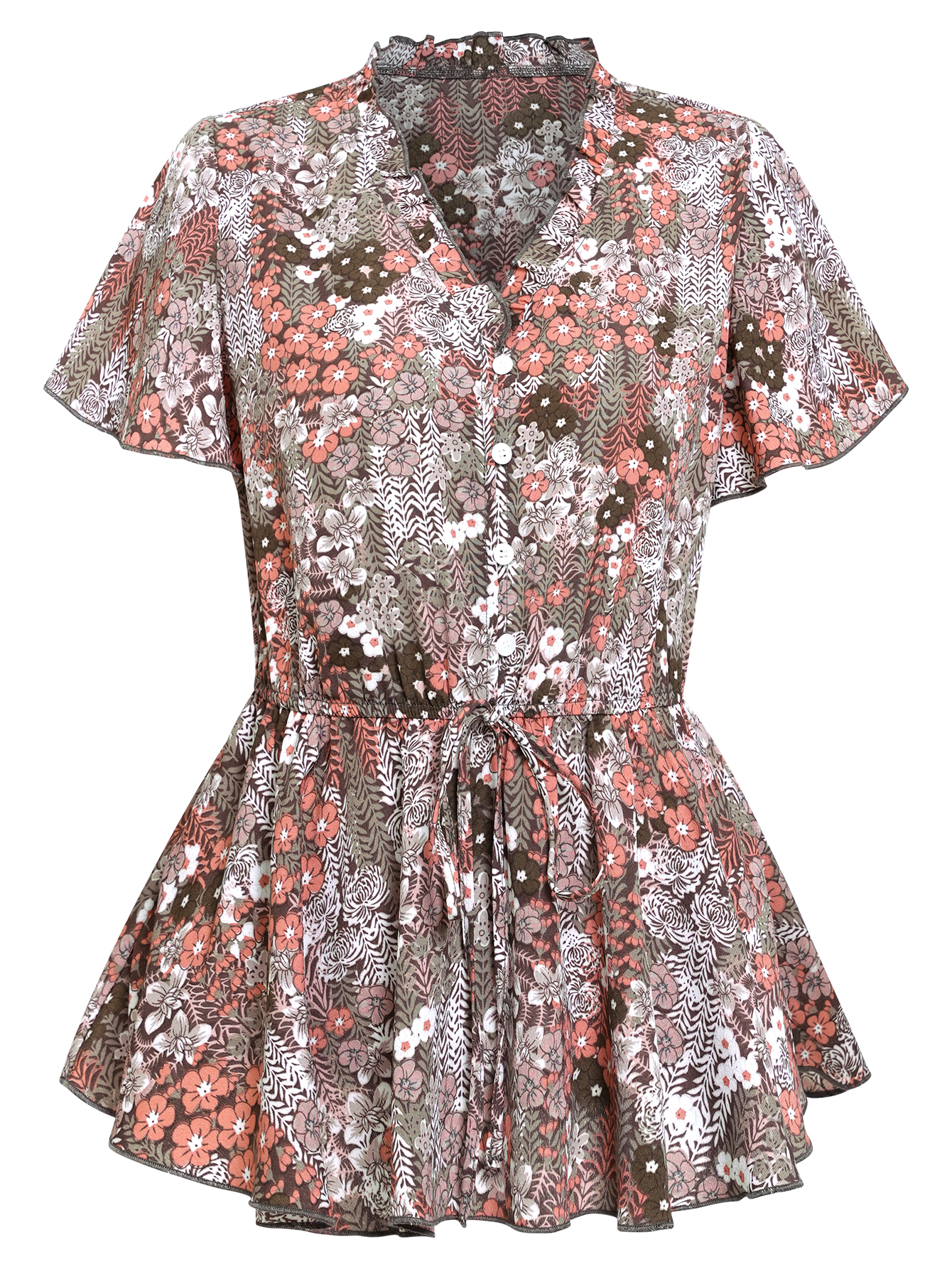 Women Floral V Neck Tops Button Down Slim Waistline Ruffle Short Sleeve