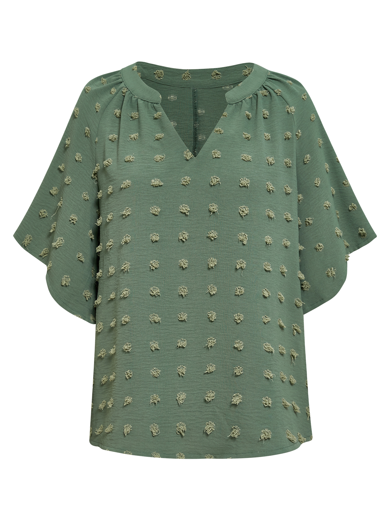 Women V Neck Half Sleeve Swiss Dot Loose Tops Plain Shirt