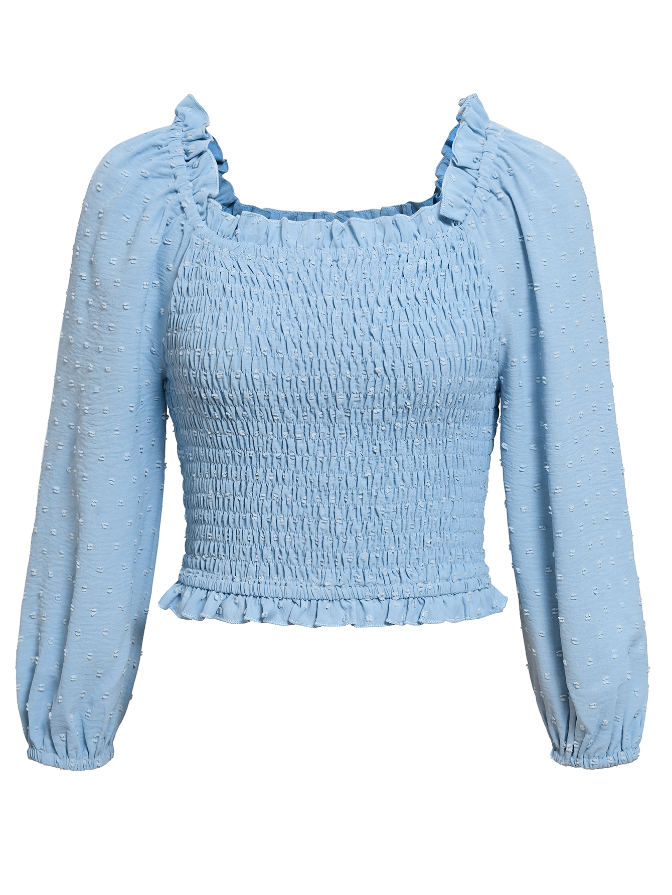 Women Swiss Dot Smocked Ruffle-Trim Scoop Neck Tops