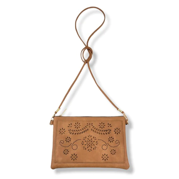 Laser Cut Flower Design Leather Cross Body Handbag With Detachable Leather Strap