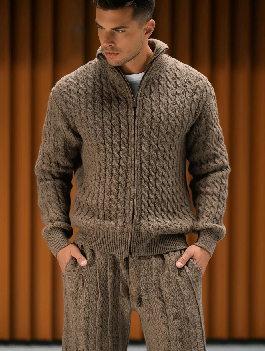 Men's Brown Zipper Knitted
