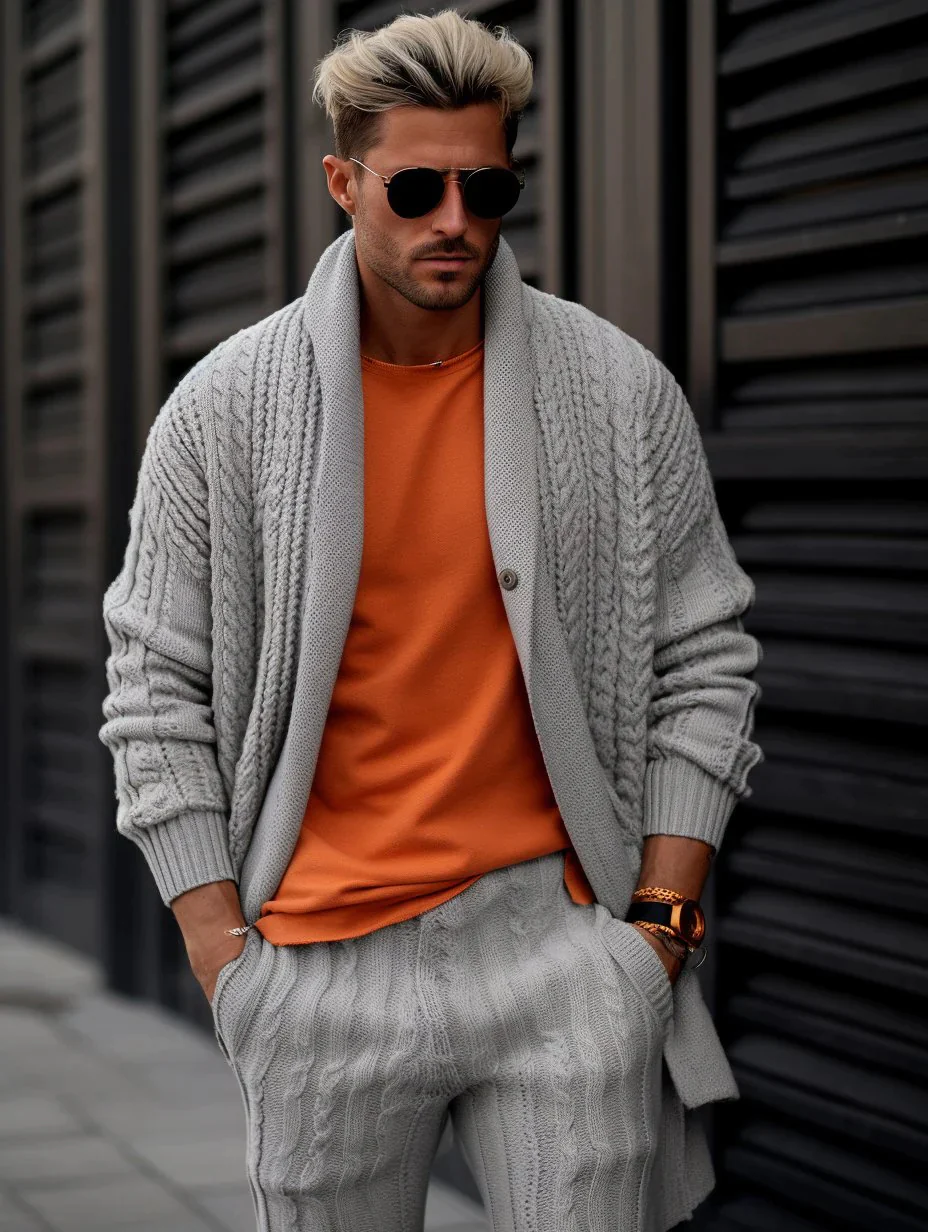 Men's Gray Knitted Sweater Coat
