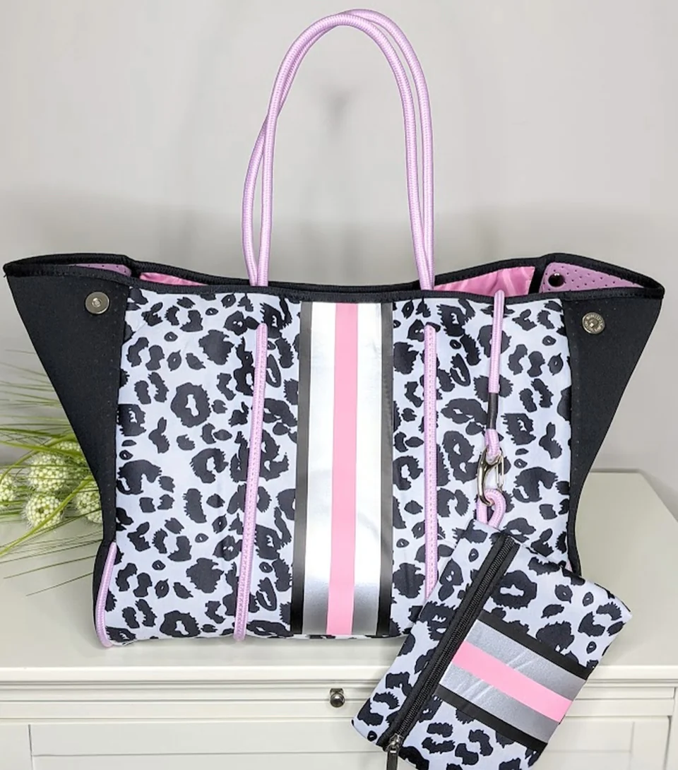 Leopard with pink stripe Neoprene Tote