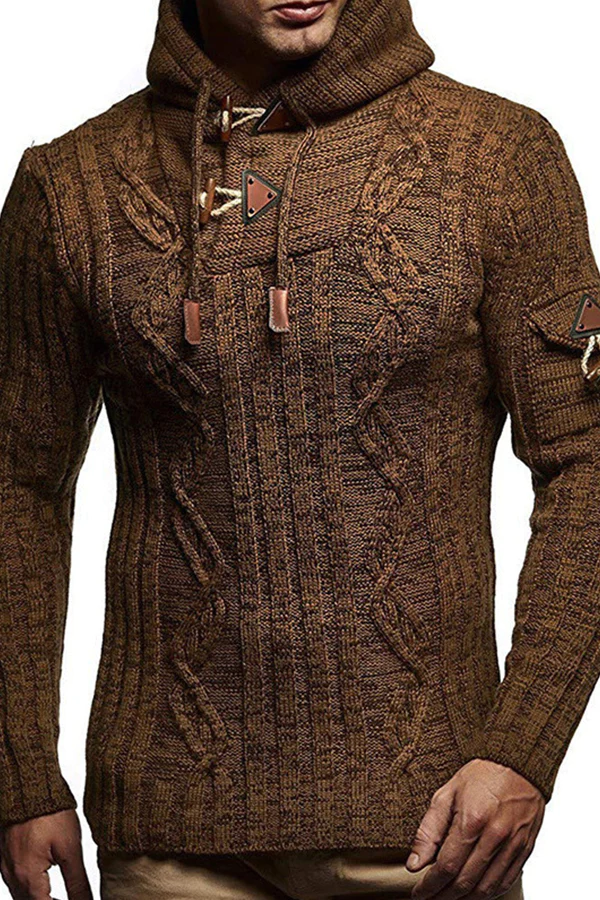 Men's Sweater Long Sleeve Slim Knit Pullover with Hooded Horn Button